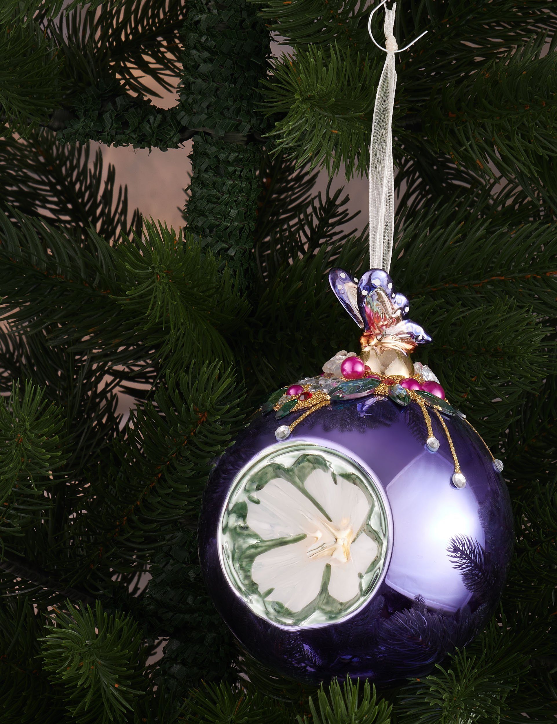 BRUBAKER Weihnachtsbaumkugel Premium Weihnachtskugel - Tiere mit Blumen - 10 cm Christbaumschmuck (1 St), Christbaumkugel aus Glas mit Perlen-Deko und Figur - Handdekoriert