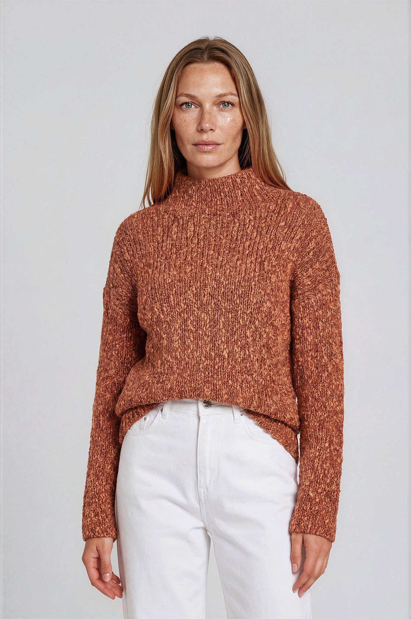 Himalaya Clothing Strickpullover Damen Woll Baumwollmix Stehkragen Langarm Relaxed Fit Grobmasche mit überschnittenen Schultern und voluminösen Ärmeln