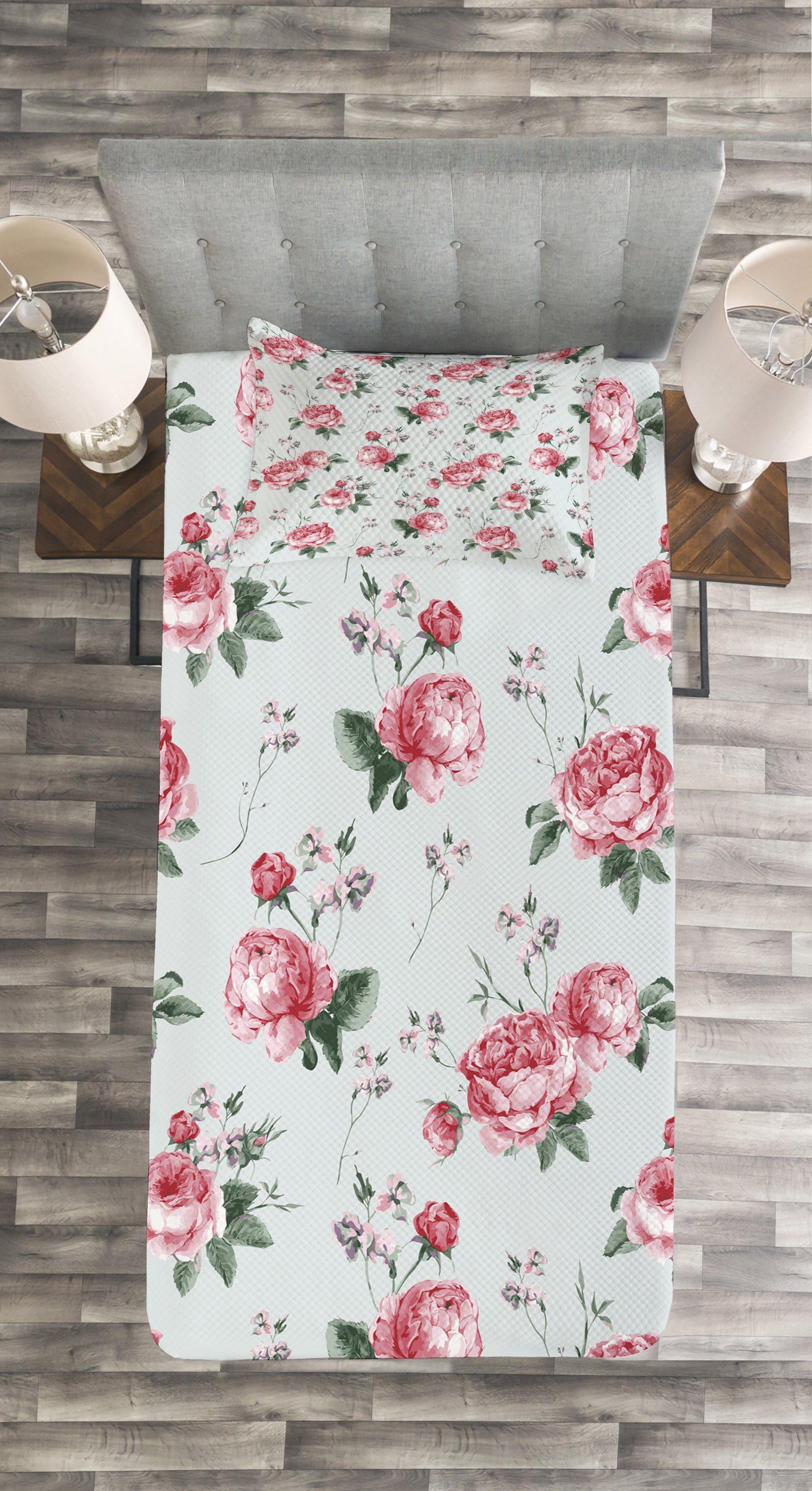 Tagesdecke Set mit Kissenbezügen Waschbar, Rosa Flora Blüten-Englisch Abakuhaus, Rose