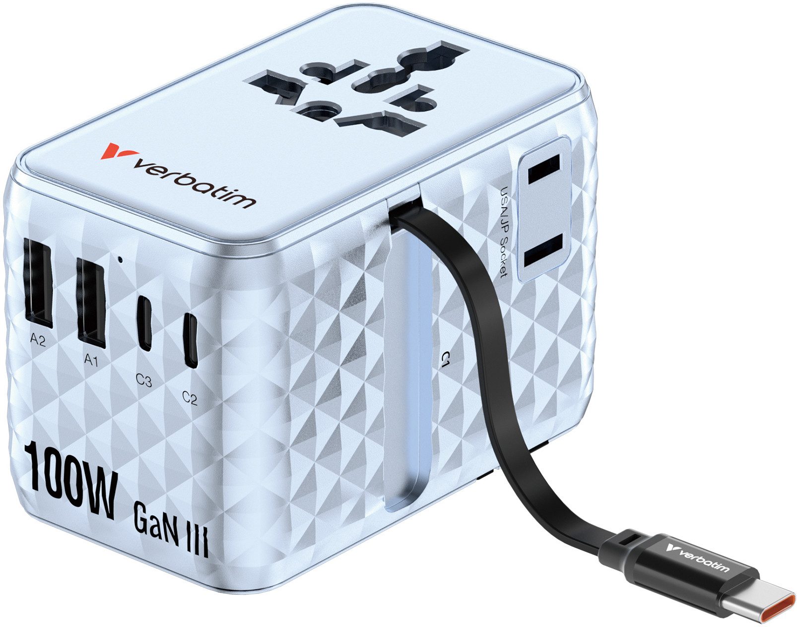 Verbatim Charge 'n' Travel Adapter - 100W GaN USB-C Kabel blau, Reiseadapter EU-Stecker, Australien-Stecker, UK-Stecker, US/Japan-Stecker, USB-C zu AC-Steckdose, USB-A, USB-C, Integriertes, einziehbares USB-C-Kabel