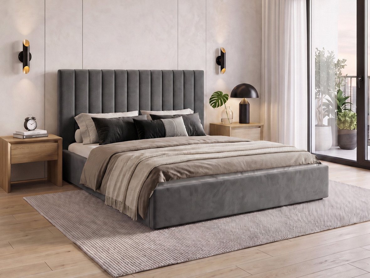 Beautysofa Polsterbett MELVIO mit Bettkasten und hohem Steppkopfteil (Gasdruckfedern, Lattenrost, Doppelbett 160 × 200 oder 180 × 200 cm), wahlweise ohne Matratze oder mit MEDIRO