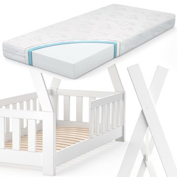 VitaliSpa® Kinderbett Kinderhausbett Rausfallschutz 70x140cm TIPI Weiß Matratze