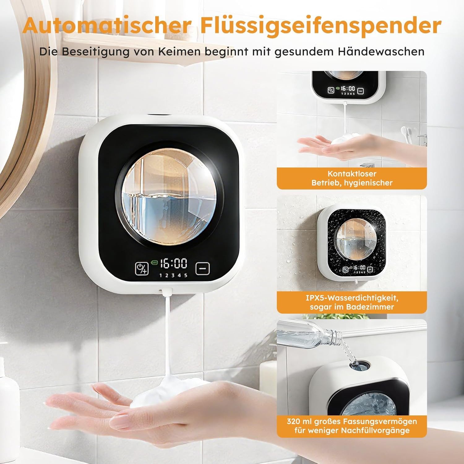 FELIXLEO Seifenspender Seifenspender Automatisch Wandbefestigung Schaum Sensor Weiß 320ML, (1-tlg) – Bild 5 von 5