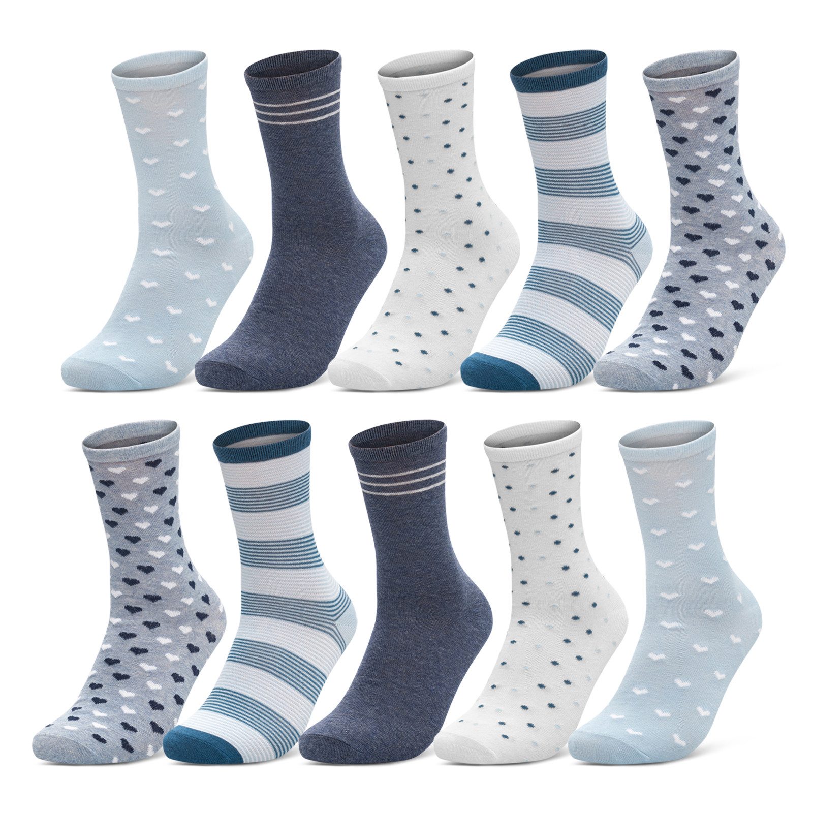 sockenkauf24 Basicsocken 10 Paar Damen Socken Mehrfarbig Streifen Punkte (34924, 39-42) Herzen Maritim Baumwolle