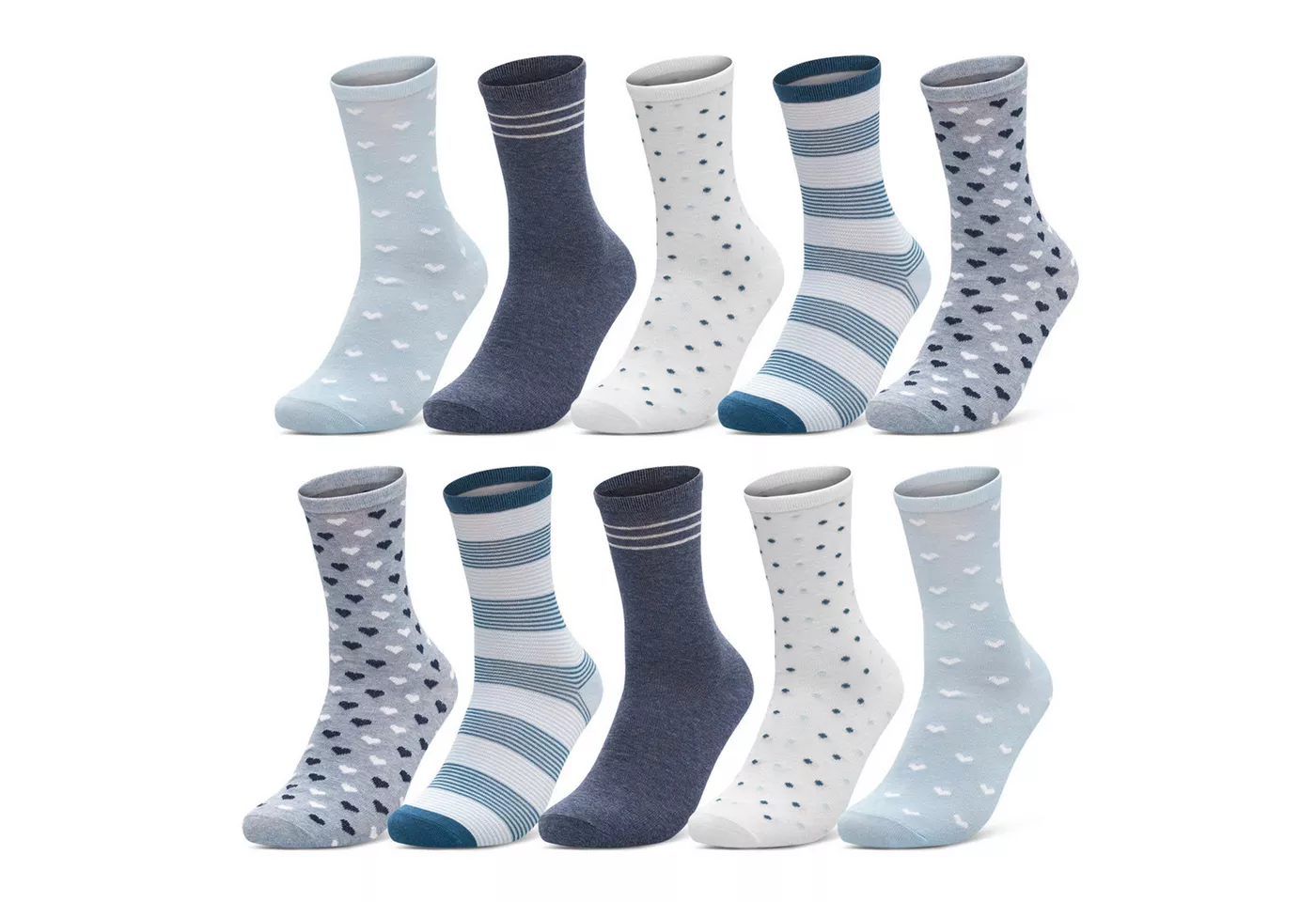 sockenkauf24 Basicsocken 10 Paar Damen Socken Mehrfarbig Streifen Punkte (34924, 39-42) Herzen Maritim Baumwolle