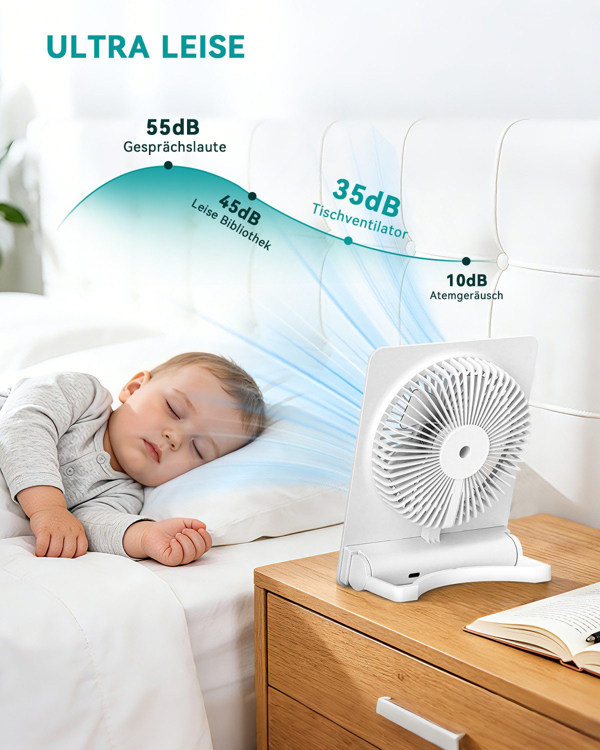 skelo Tischventilator USB Ventilator mit stufenloser Geschwindigkeitsregelung 5–100, 1 cm Durchmesser, LED-Display, 180° verstellbar, faltbar, tragbar, für Büro und Reisen
