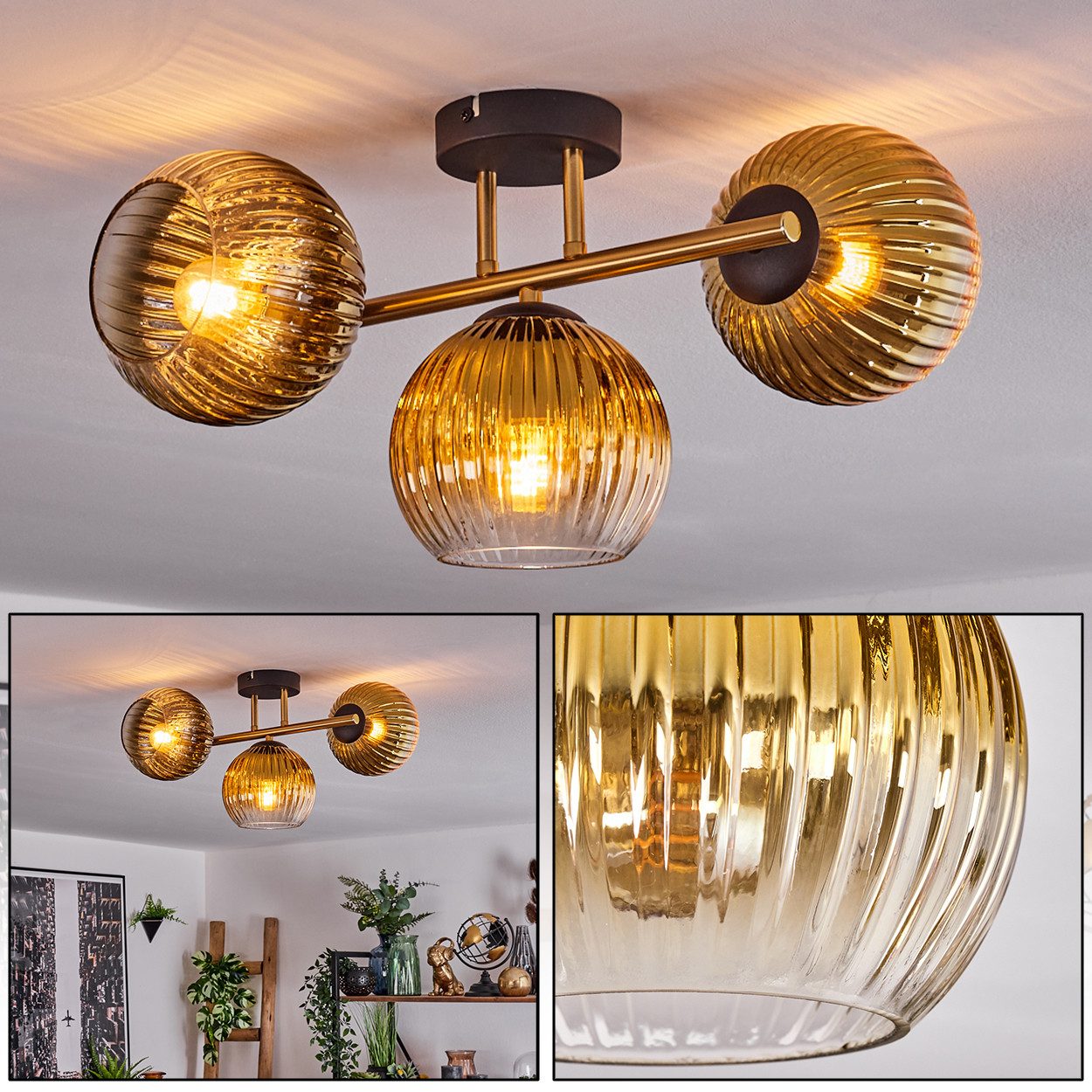 Deckenleuchte Deckenlampe aus Metall/Riffelglas in Schwarz/Goldfarben/Klar