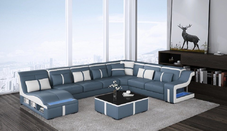 JVmoebel Ecksofa Design Ecksofa U-form Beleuchtet Couch Leder Sofa Neu Wohnlandschaft, Made in Europe Blau