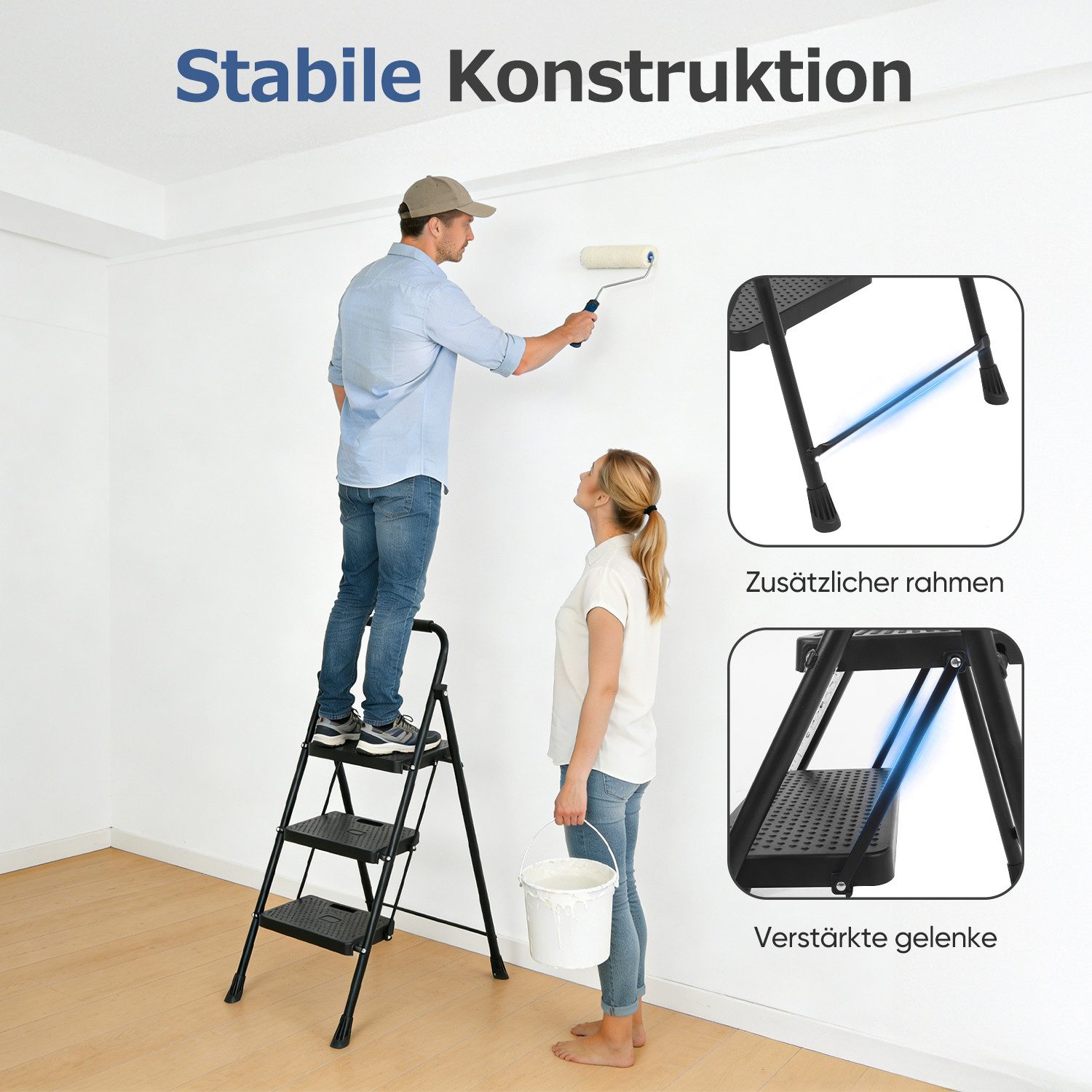 Sekey Trittleiter Klapptritt Faltbar mit extrabreiten 36 cm XXL-Trittstufen, Anti-Rutsch, Haushaltsleiter 3 Stufen klappbar, für Zuhause & Küche, bis 150 kg – Bild 2 von 5