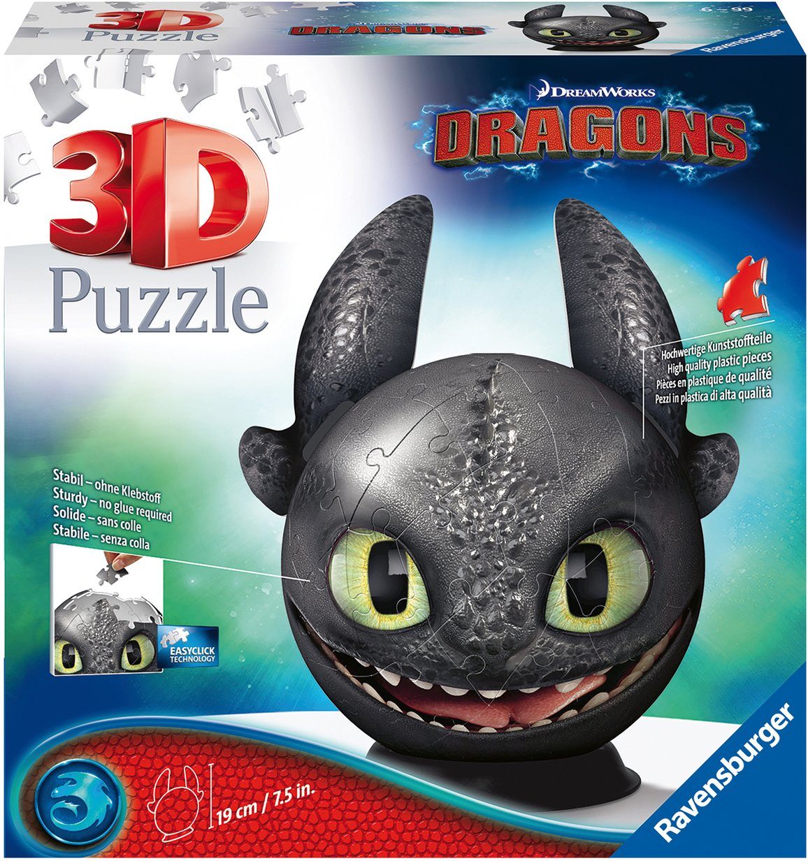Image of Ravensburger 3D Puzzle 11145 - Puzzle-Ball Dragons 3 Ohnezahn mit Ohren- 72 Teile - Puzzle-Ball für Fans von Dragons ab 6 Jahren
