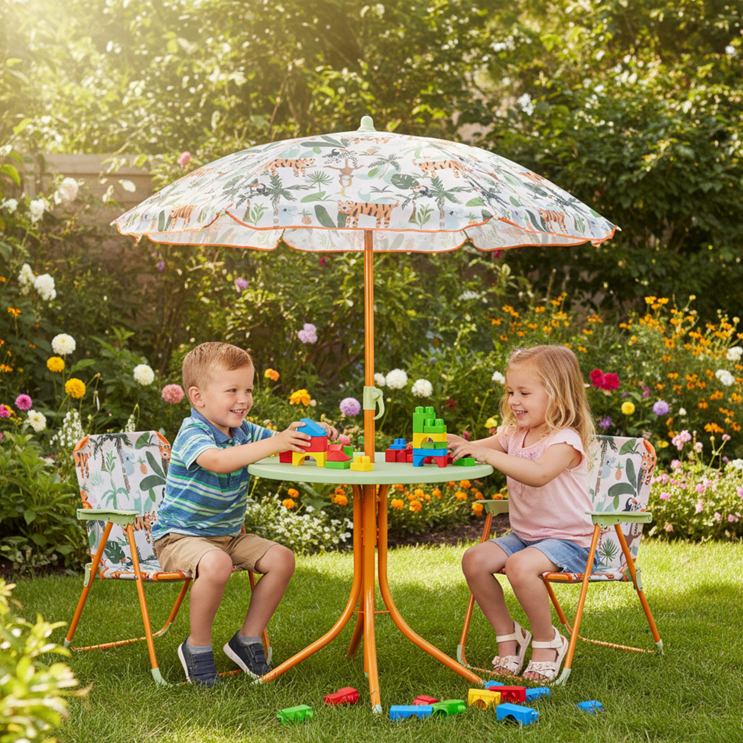 relaxdays Garten-Kindersitzgruppe Camping Kindersitzgruppe mit Schirm, Dschungel