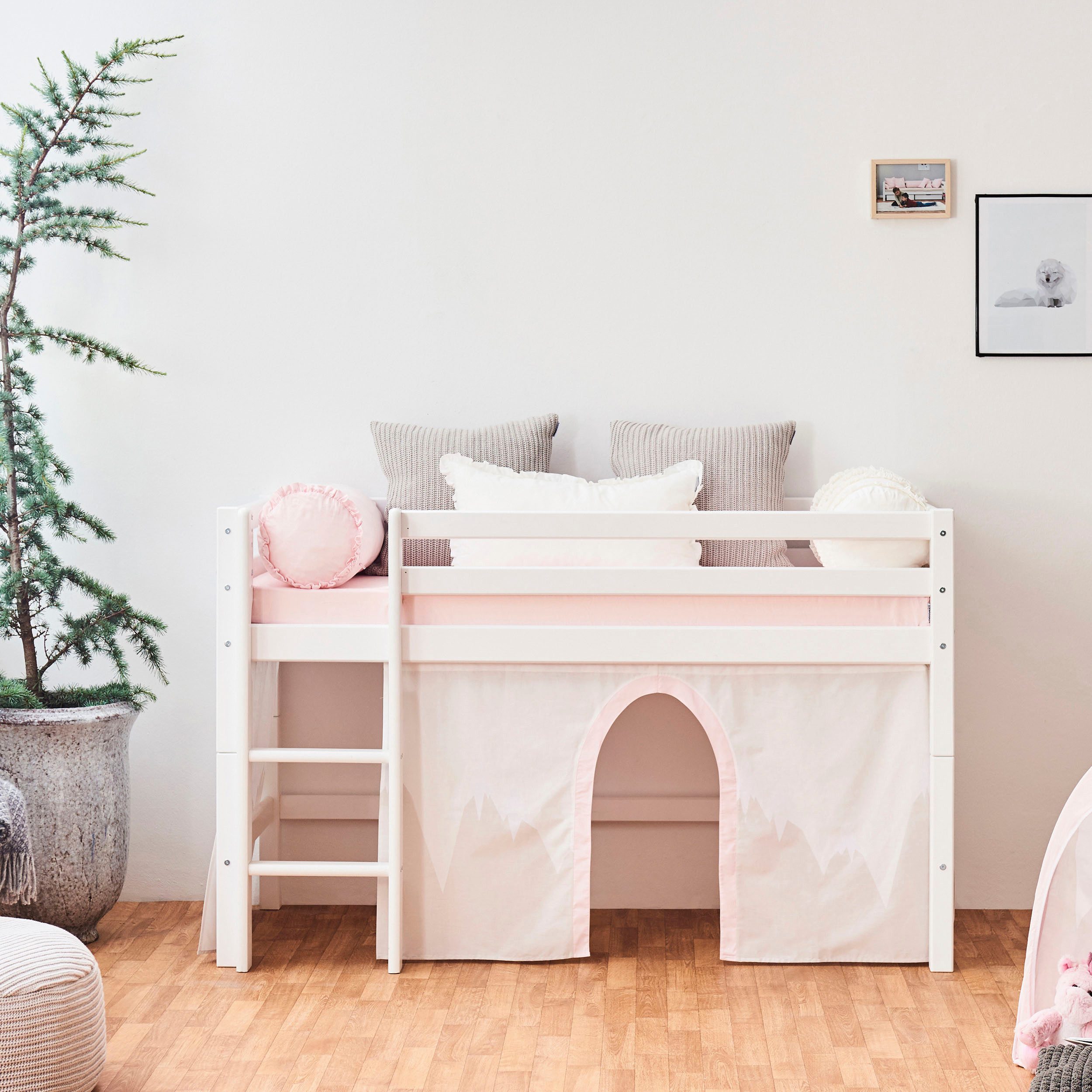 Hoppekids Hochbett «Winter Wonderland» (Set) 70x160, umbaubar mit Vorhang-Set Winter