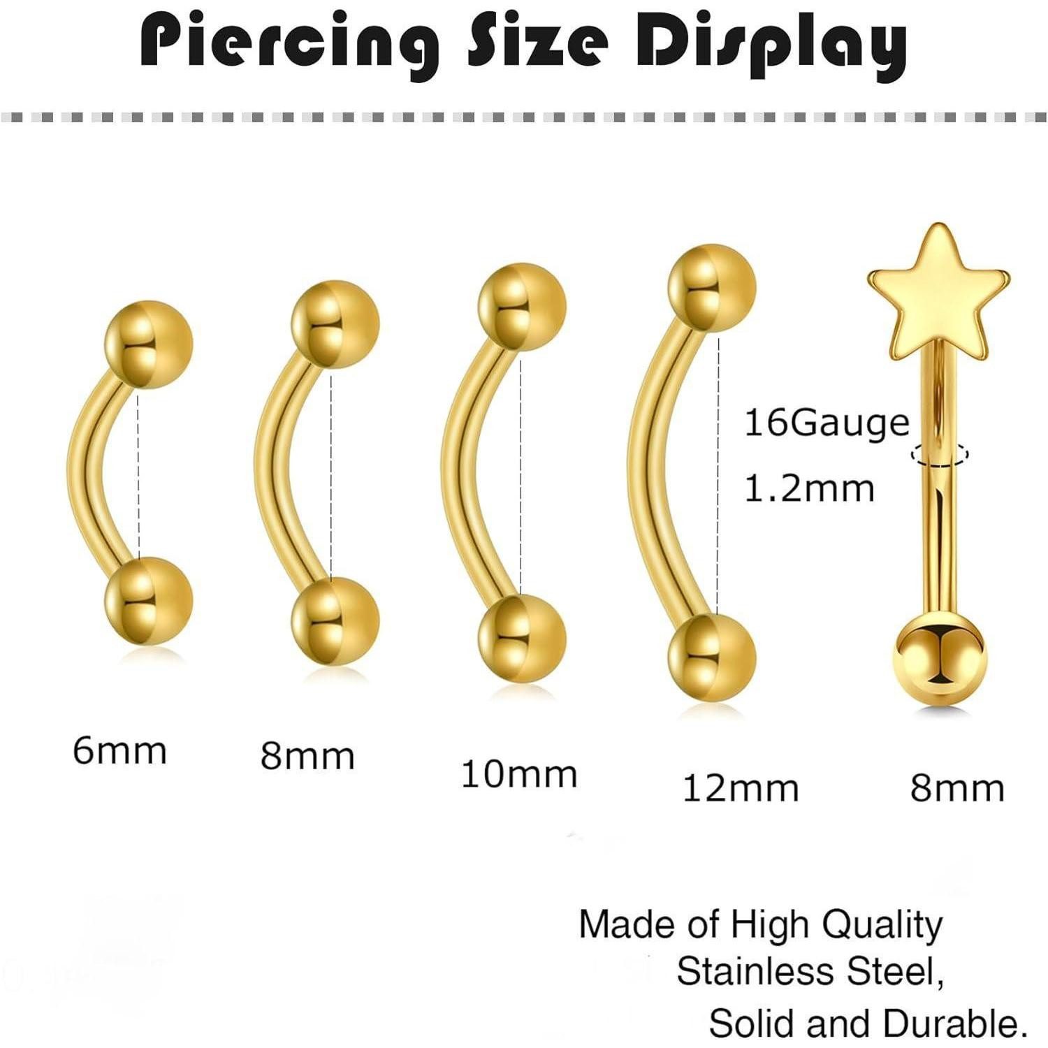 MODRSA Augenbrauenpiercing 16G Chirurgenstahl Curved Barbell Piercing Set 18 Teile Karabiner Ohr