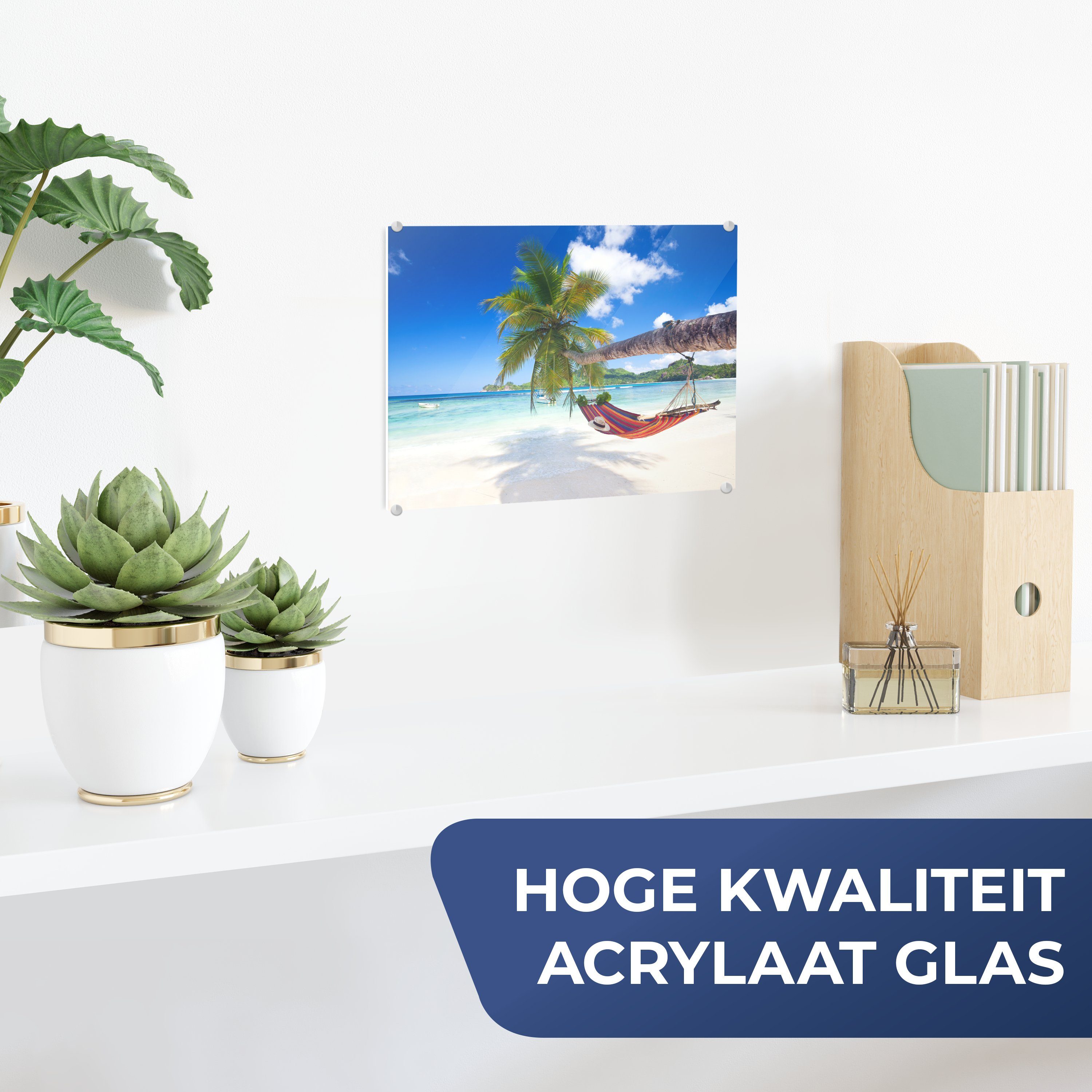 auf Glasbilder St), - MuchoWow Strand Bilder Hängematte - Meer - Glas auf - Foto - - Wanddekoration Acrylglasbild Glas (1 Palme, Wandbild