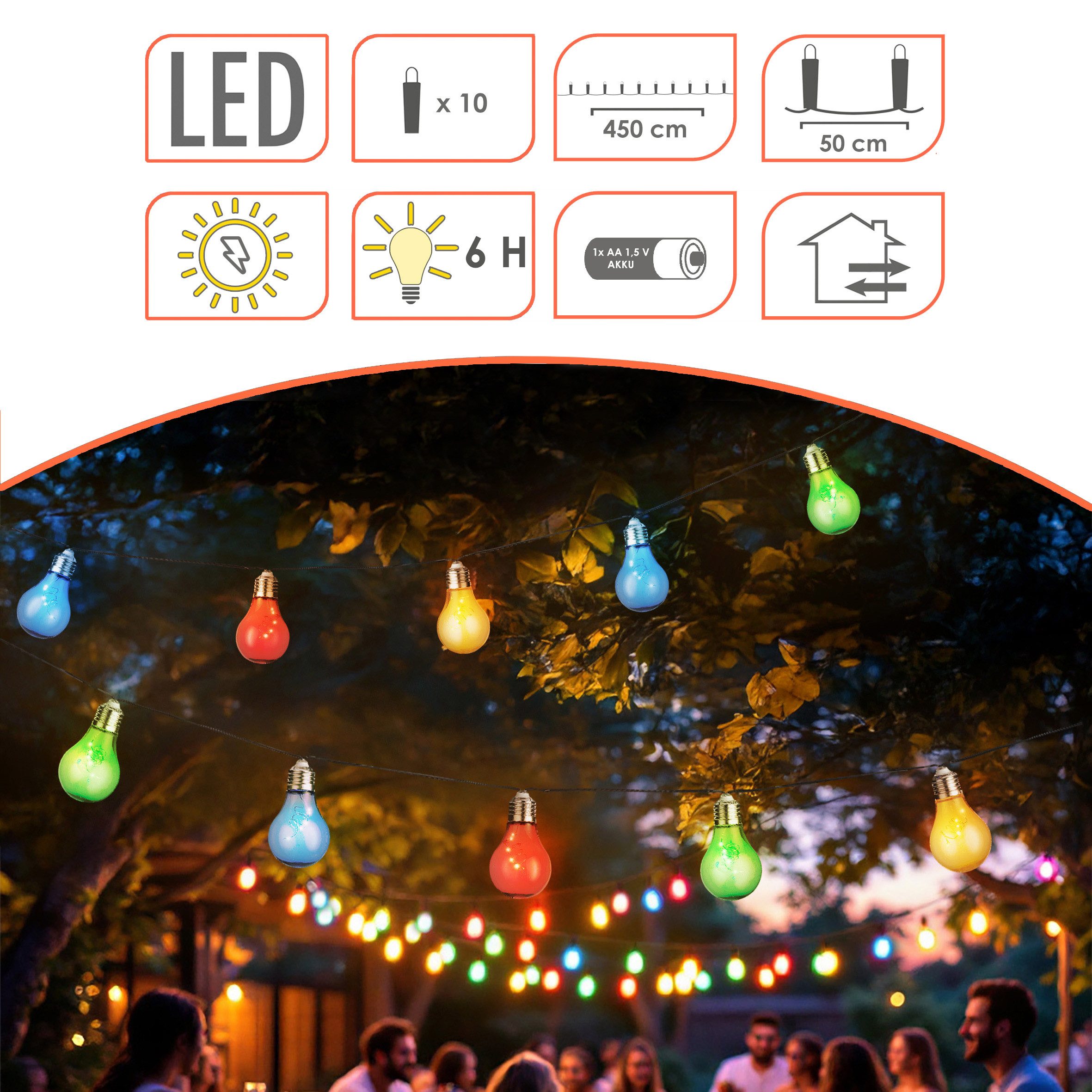 Spetebo LED-Lichterkette Solar mit 10 bunten LED Glühbirnen, 10-flammig, 450 cm lang - Garten Dekobeleuchtung mit farbigen Lampen – Bild 4 von 5