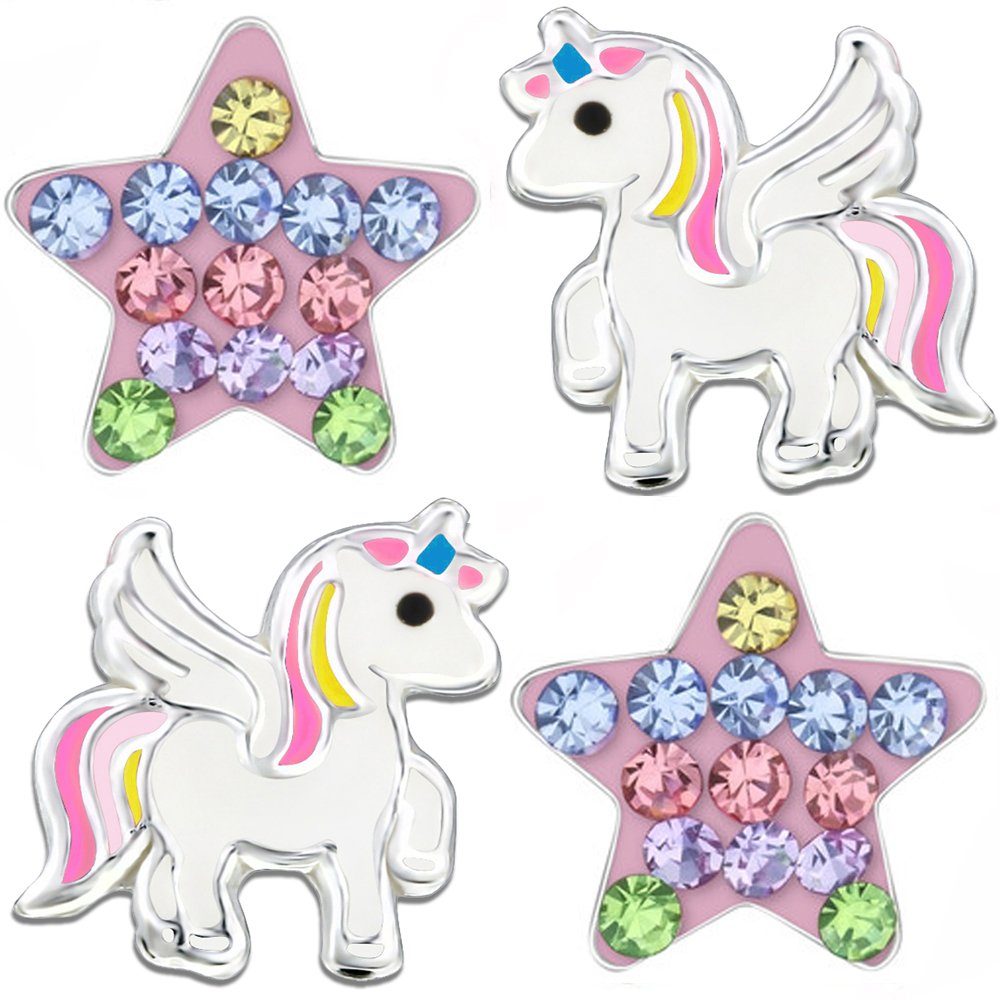 Limana Ohrstecker-Set Kinder Mädchen Ohrringe echt 925 Sterling Silber Pferde Sterne Einhorn, Zirkonia Kristalle K753+K315o