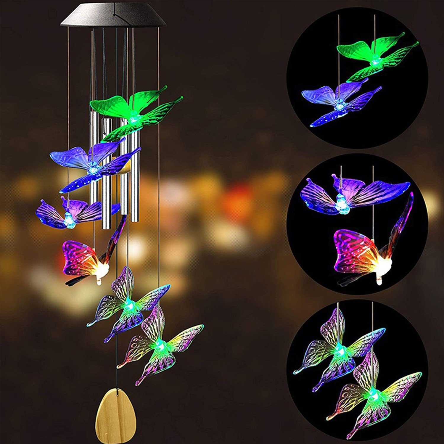MAGICSHE Windspiel LED Solarleuchte Schmetterling Gartendeko Aluminiumrohr Klingel Quaste