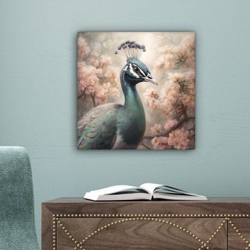 OneMillionCanvasses® Leinwandbild Pfau - Vögel - Blumen - Baum - Botanisch, (1 St), Leinwand Bilder für Wohnzimmer Schlafzimmer, 20x20 cm