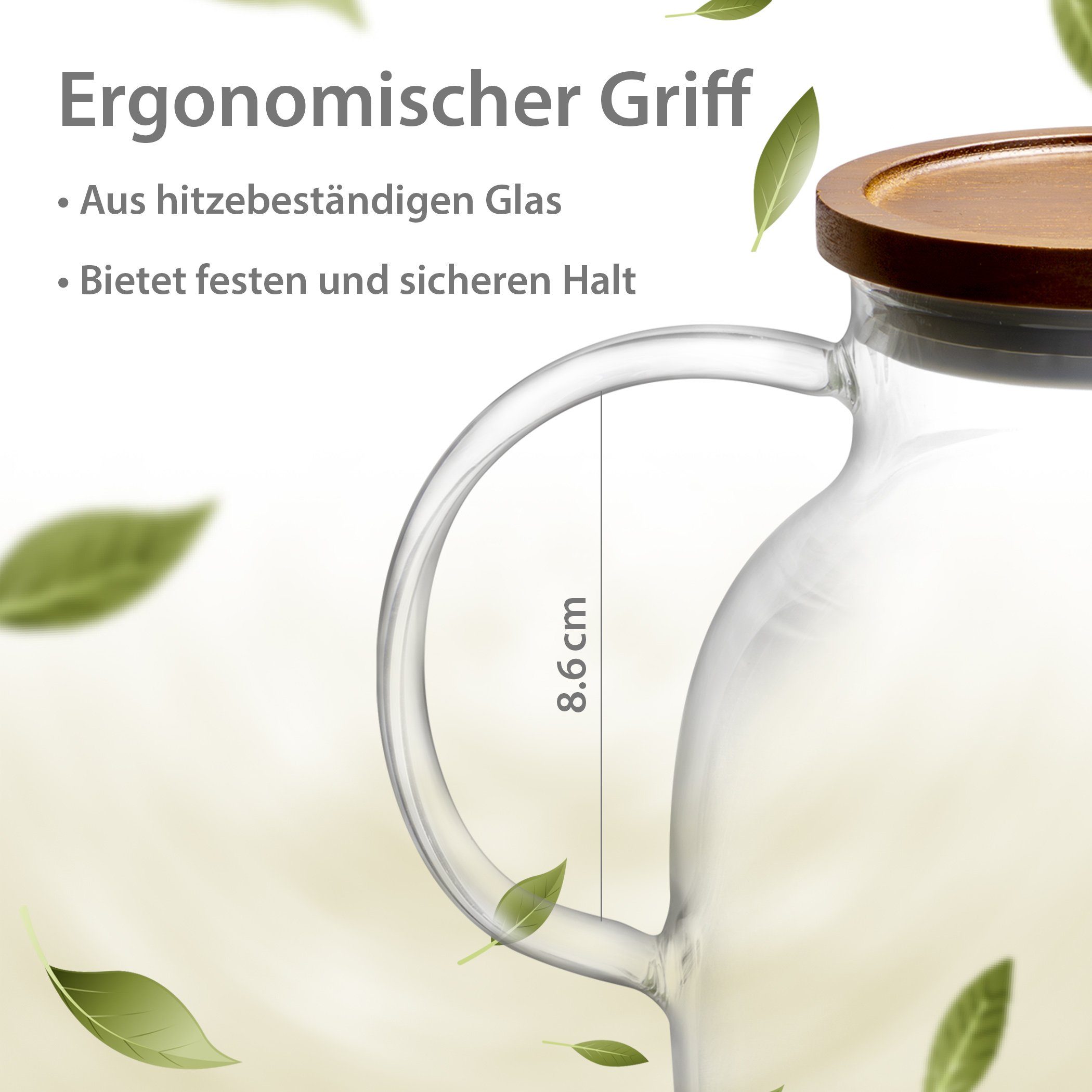 Impolio Teekanne Glas Teekanne Holzdeckel, Hitzebeständiger & Edelstahl-Filter Griff