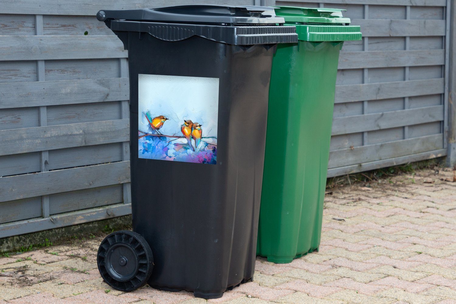 MuchoWow Wandsticker St), Zweig - Mülltonne, - - Abfalbehälter Sticker, Mülleimer-aufkleber, (1 Ölfarbe Gemälde Vogel Container