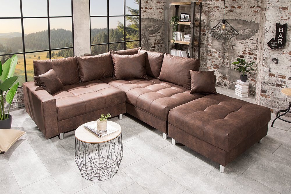 riess-ambiente Ecksofa KENT Federkern inkl. · 3 · Design braun, Teile, Hocker · mit mit Kissen Modern 220cm Microfaser-Bezug