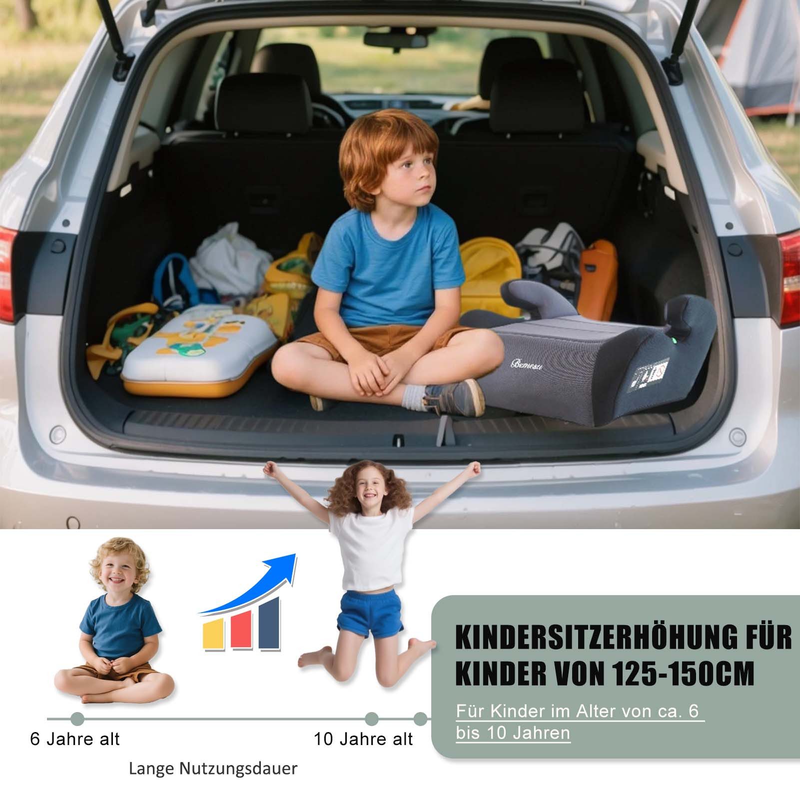 Bemesu Kindersitzerhöhung Kindersitzerhöhung ECE R129/03 Sitzerhöhung für Kinder von 125–150cm, ab: ab 6 Jahre oder 125cm Körpergröße, bis: bis 12 Jahre oder 150cm Körpergröße, I-Size, waschbarer Bezug, Weich bequem