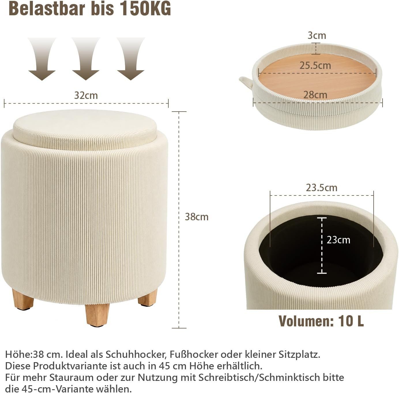 Zedelmaier Sitzhocker mit Stauraum rund Beige, Couchtisch, Sitzhocker mit Deckel, Fußhocker mit Aufbewahrungsbox, Polsterhocker mit Holzbeinen