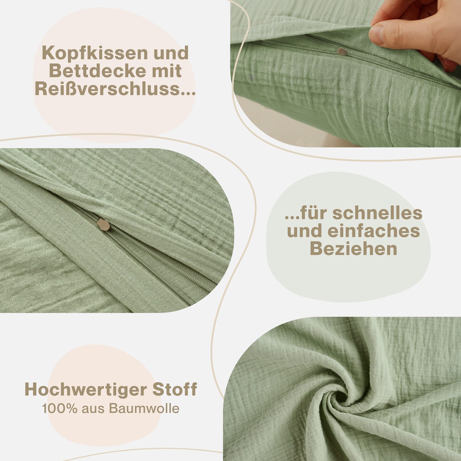 Blumtal Bettwäsche Musselin 100% Baumwolle im Set, Kopfkissenbezug & Deckenbezug, 4 teilig – Bild 4 von 5