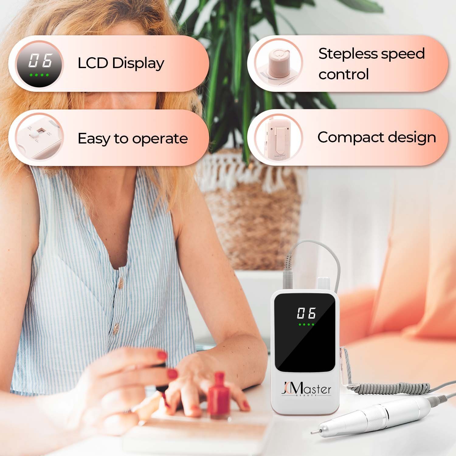 JCMaster Maniküre-Pediküre-Set, Nagelfräser 35000RPM, 5200mAh, 12 Nagelfeile-Bits und Schleifbänder