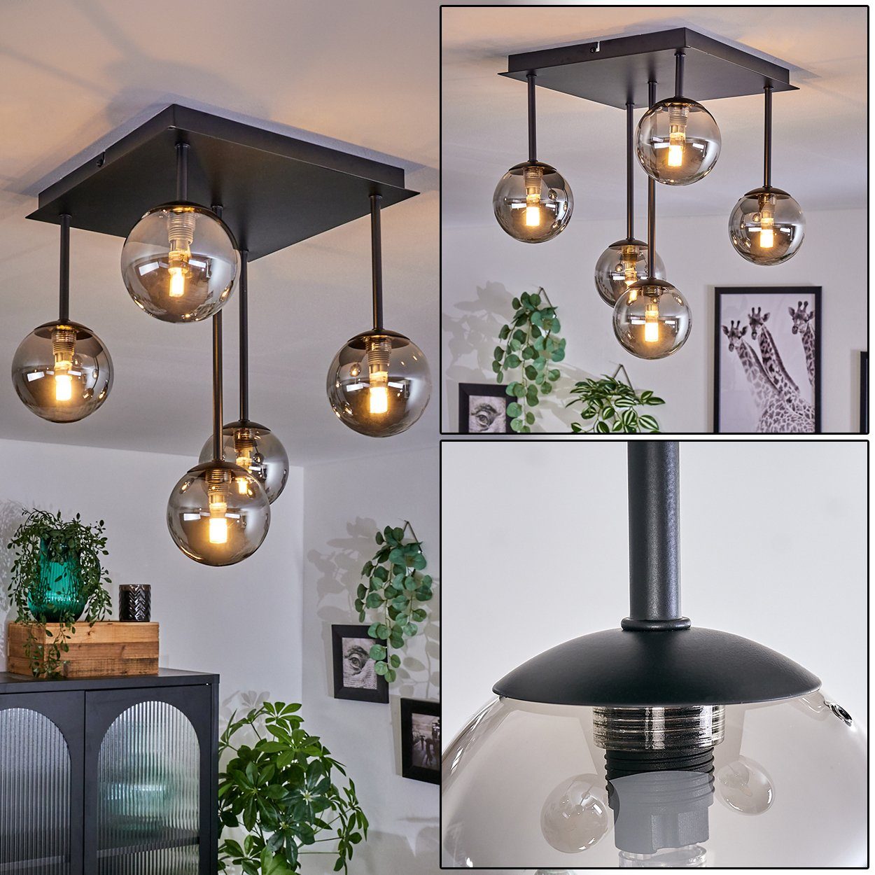 hofstein Deckenleuchte Deckenlampe aus Metall/Glas in Schwarz/Rauchfarben, ohne Leuchtmittel, Leuchte im Retro-Design aus Glas, 5 x G9 LED, ohne Leuchtmittel