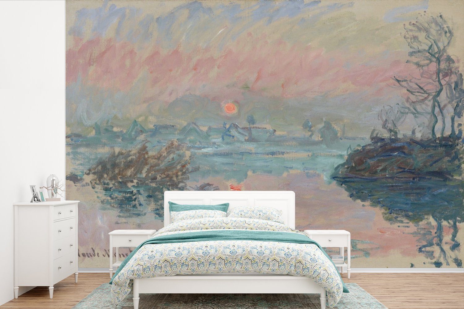 MuchoWow Fototapete Sonnenuntergang an der Seine in Lavacourt - Gemälde von Claude Monet, Matt, bedruckt, (6 St), Wallpaper für Wohnzimmer, Schlafzimmer, Kinderzimmer, Vinyl Tapete