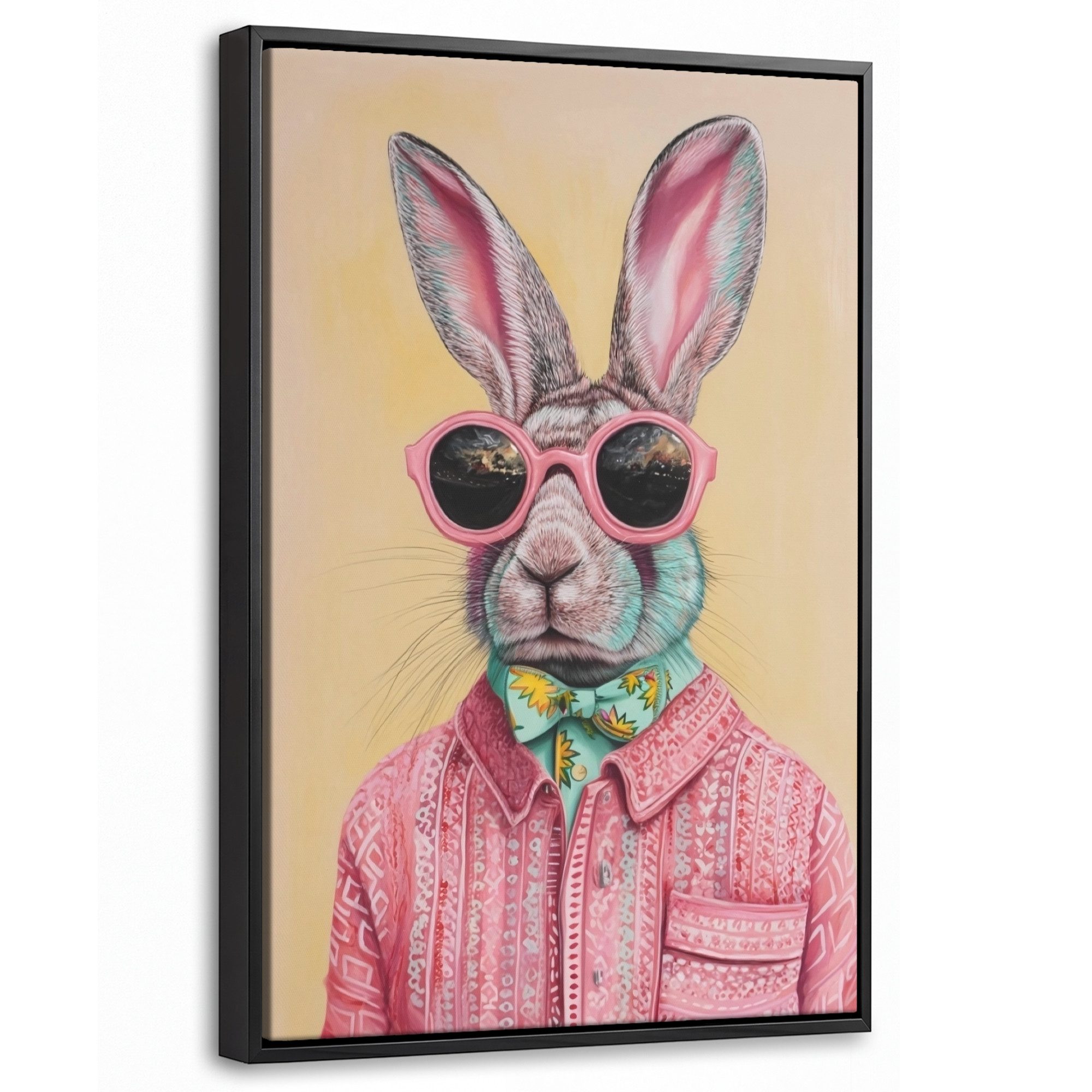 OneMillionCanvasses® Leinwandbild mit Rahmen - Grau - Kaninchen - Bluse - Fliege, Fotodruck (1 St), Deko für Wohnzimmer Schlafzimmer Küche 20x30cm