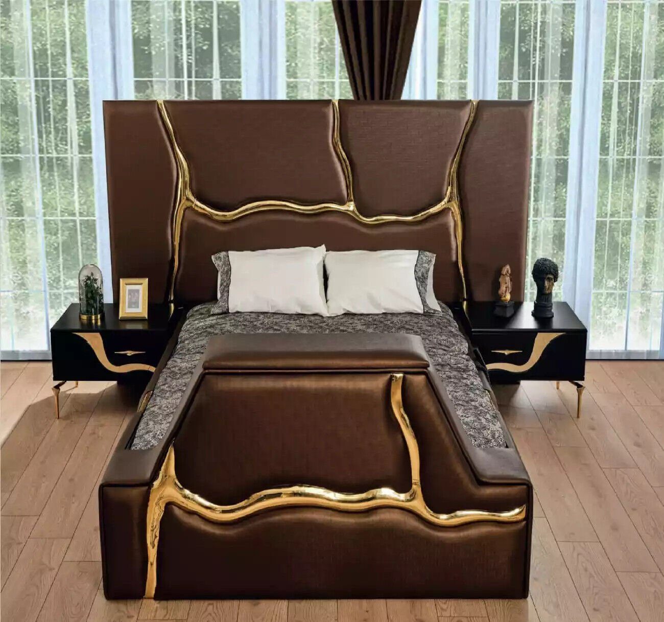 Bett/2x Schlafzimmer-Set JVmoebel Gold Schminktisch Schlafzimmer Nachttische, Nachttisch Bett Nachttisch/Schminktisch/Spiegel) Set Luxus (5-St.,