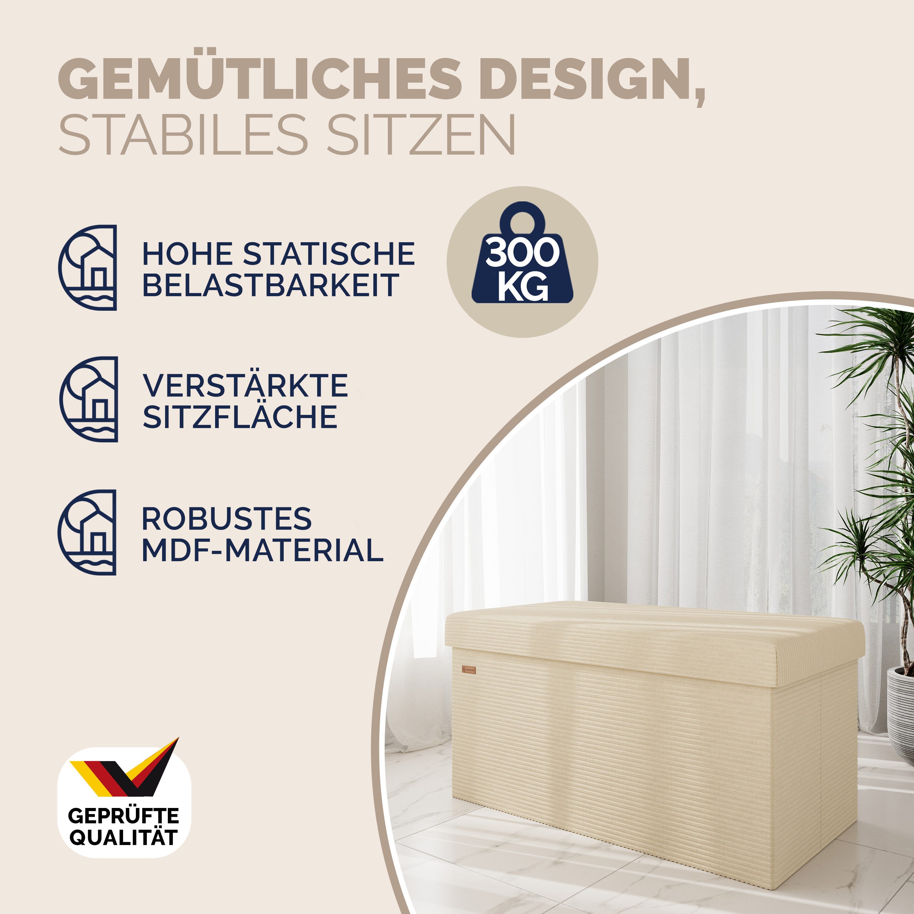 Casaria Sitzbank, Cord Beige Faltbar 76x38cm 300kg Belastbarkeit Wohnzimmer Schlafzimmer