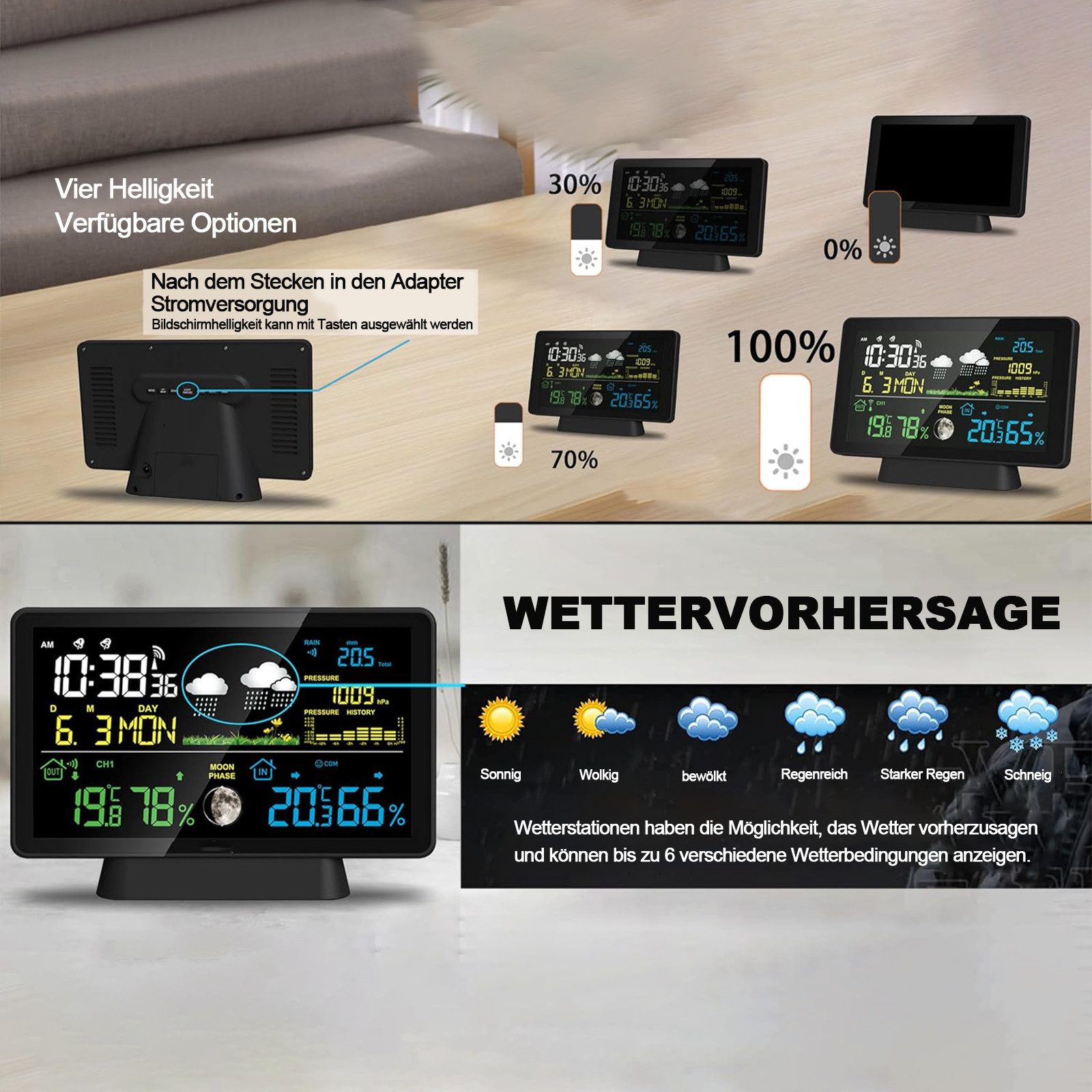MODFU Wettervorhersage Station Hauswetterstation Wettermonitor Wetterstation (mit AuBensensor Keine Batterien enthalten, LCD-Farbdisplay Innen- und Außentemperatur Barometer Wecker Kalender)