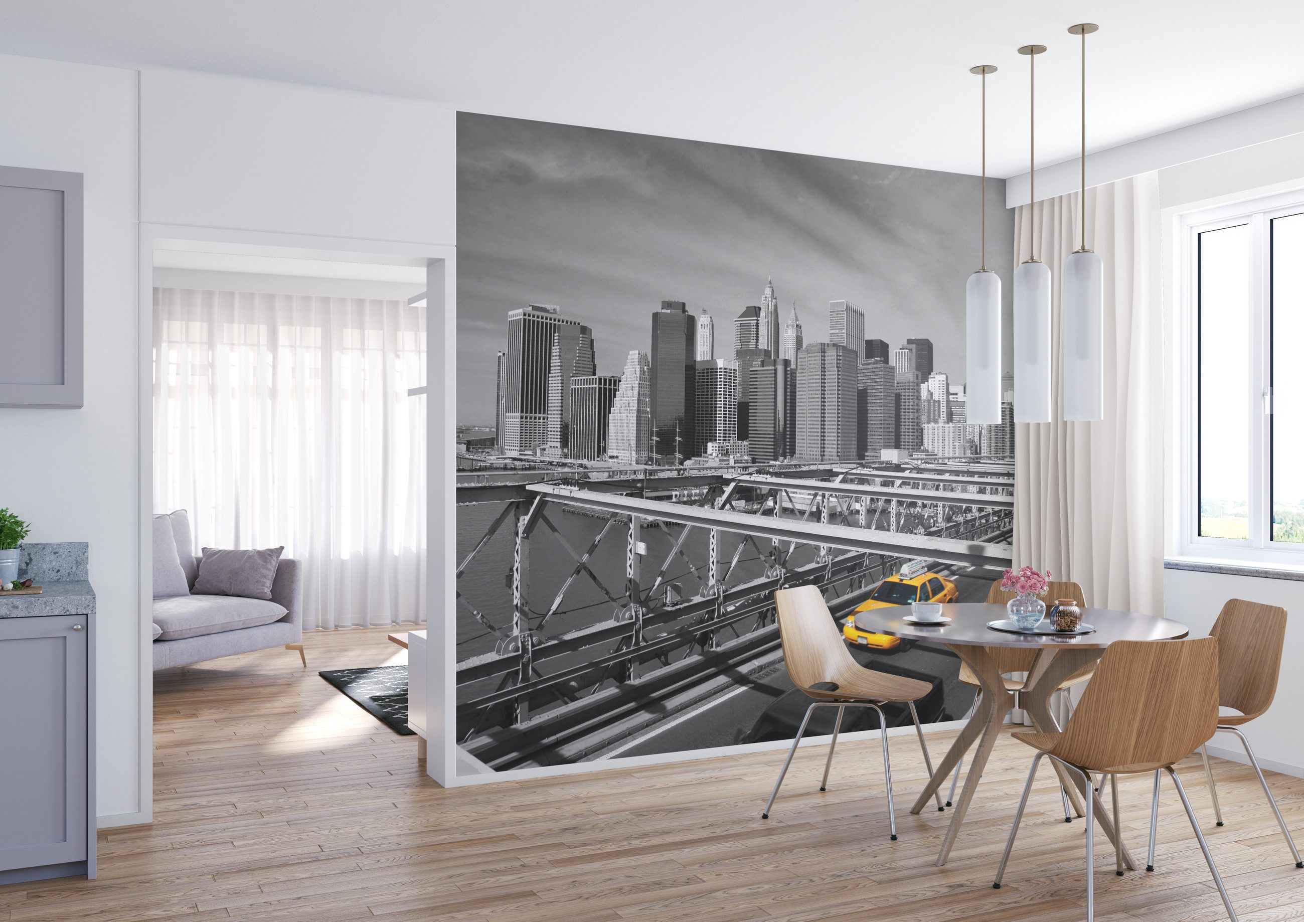 Rasch Fototapete Skyline Brücke Yellow-Cap New York USA - Vliestapete Grau Silber Gelb, bedruckt, (1 Rolle, 1 St., Kollektion 'Magicwalls' - 2,65 m x 3,71 m), Lichtbeständige Farben - Feucht abwischbar - Restlost abziehbar