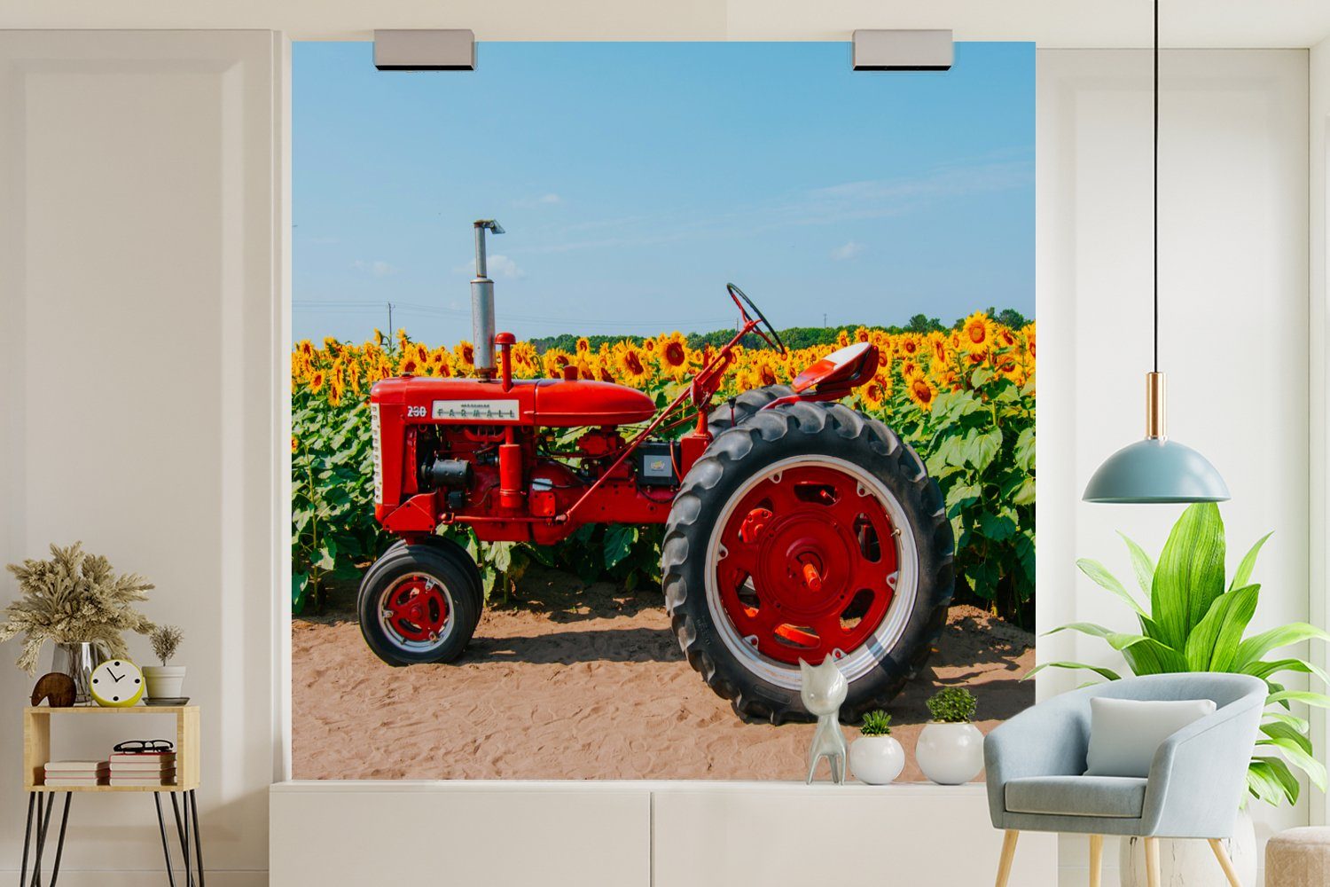 Wohnzimmer - St), Bauernhof Matt, - MuchoWow Blumen, Schlafzimmer Küche, Traktor Fototapete - Sonnenblume (4 bedruckt, für - Fototapete Rot Vliestapete