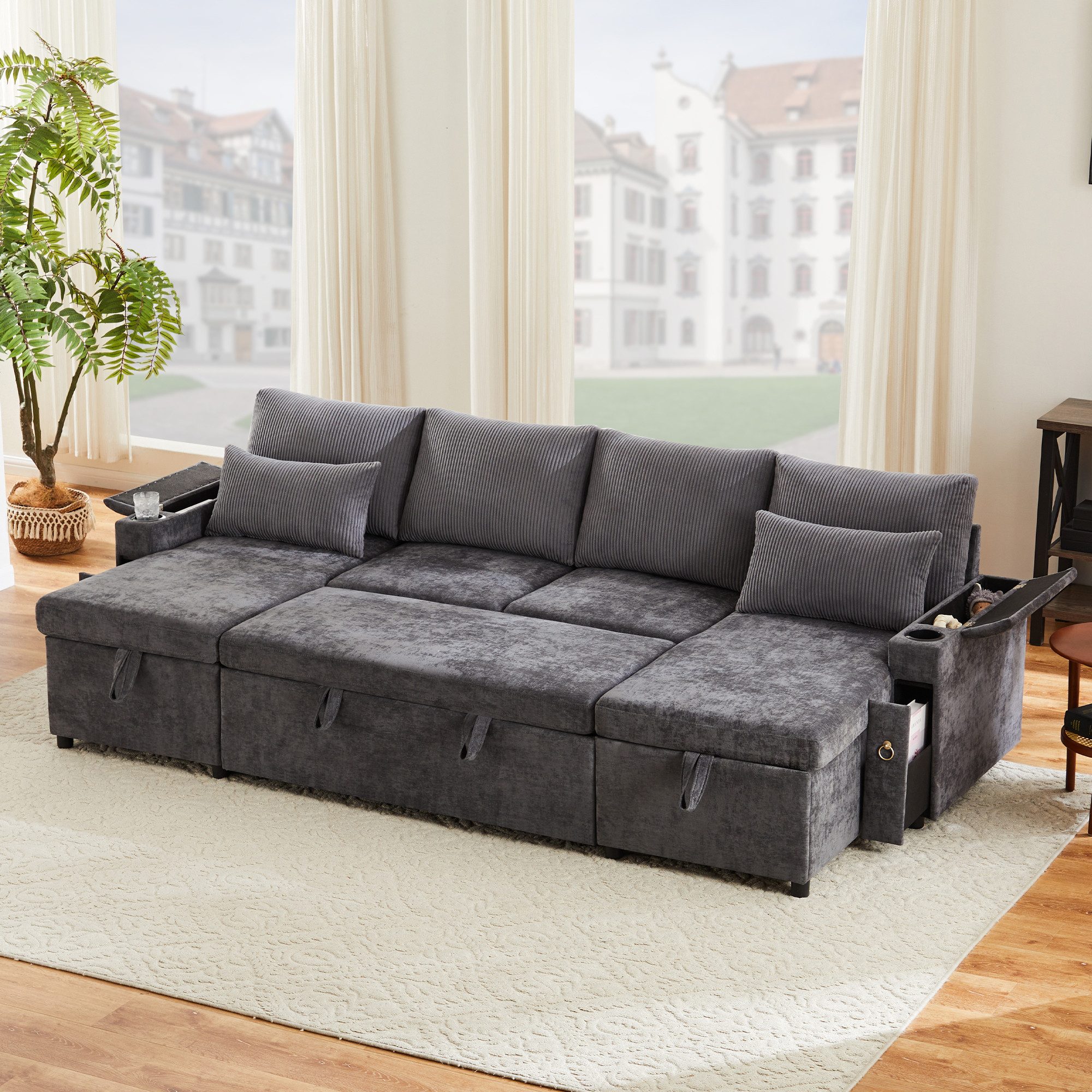 STILVORA Schlafsofa mit schlaffunktion Wohnlandschaft U-Form Schlafsofa mit Kissen Schwarz, Set 1 Teile, Viersitzer-Schlafsofa in U-Form mit Getränkehalter