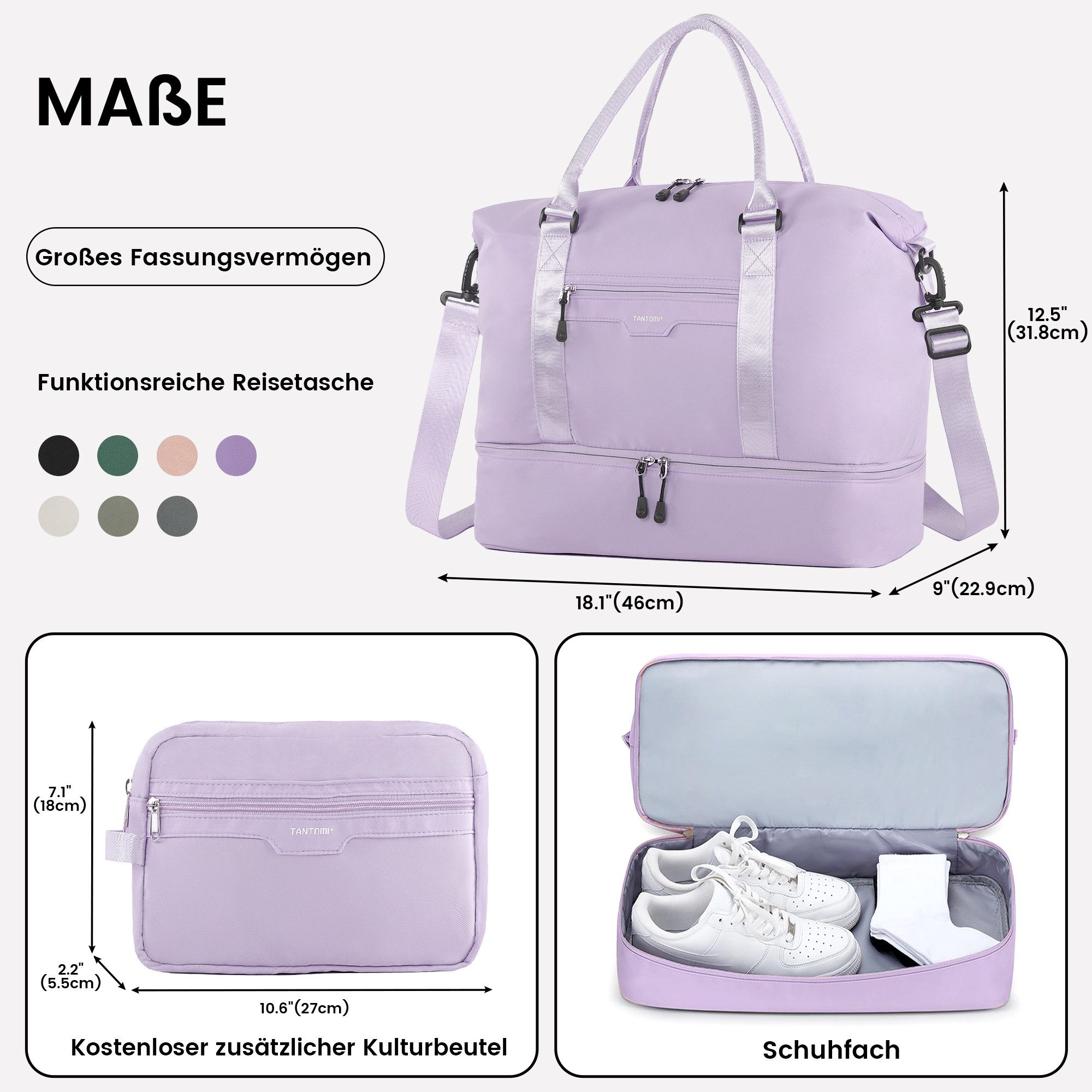 TANTOMI Reisetasche Erweiterbares Reisetasche mit Schuhfach & Kulturbeutel (46x23x32 Handgepäck), Nassfach, Wasserdicht Travel Bag Fitnesstasche Trainingstasche – Bild 4 von 5
