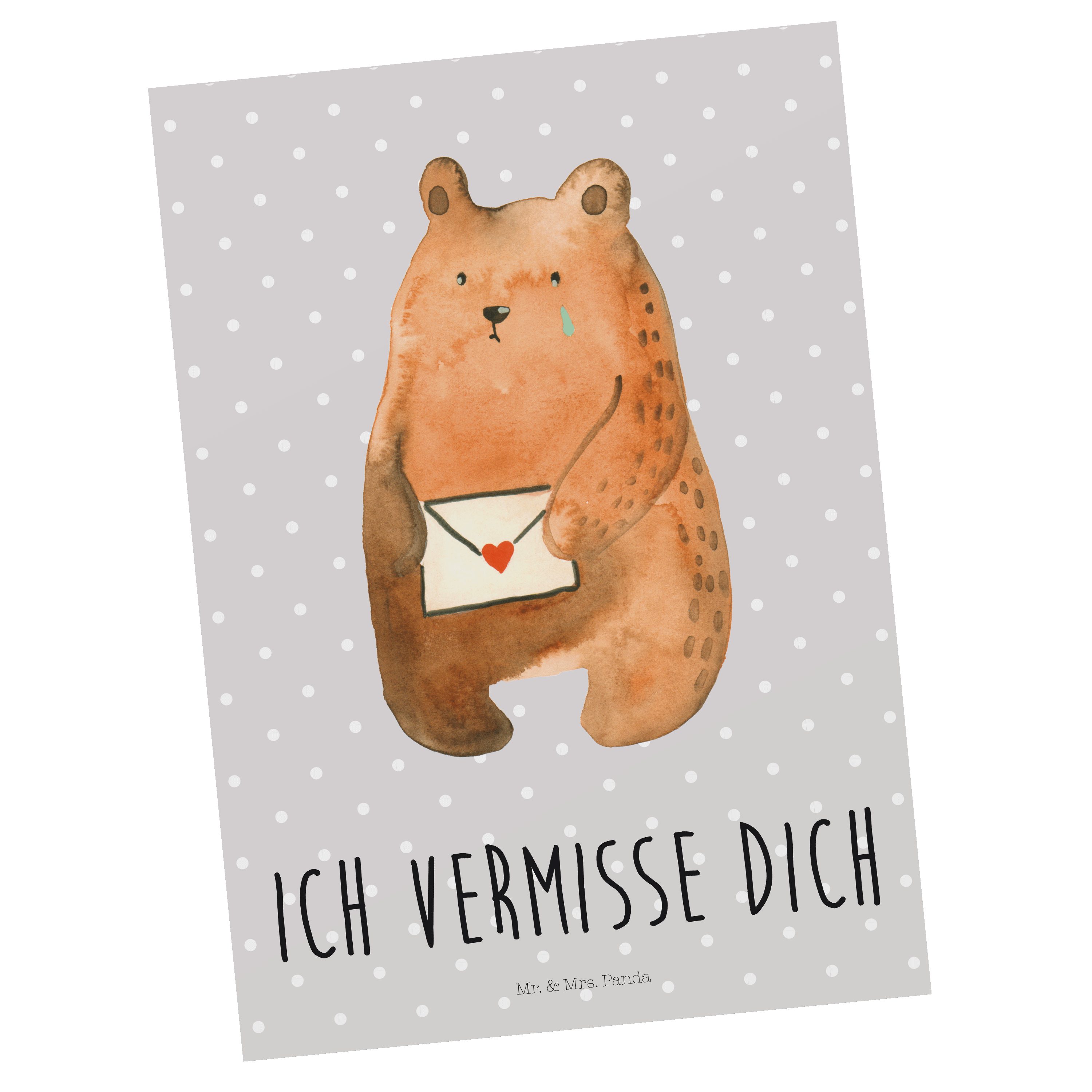 Mr. & Mrs. Panda Postkarte Bär Ich vermisse dich - Grau Pastell - Geschenk, Teddy, Unglücklich v