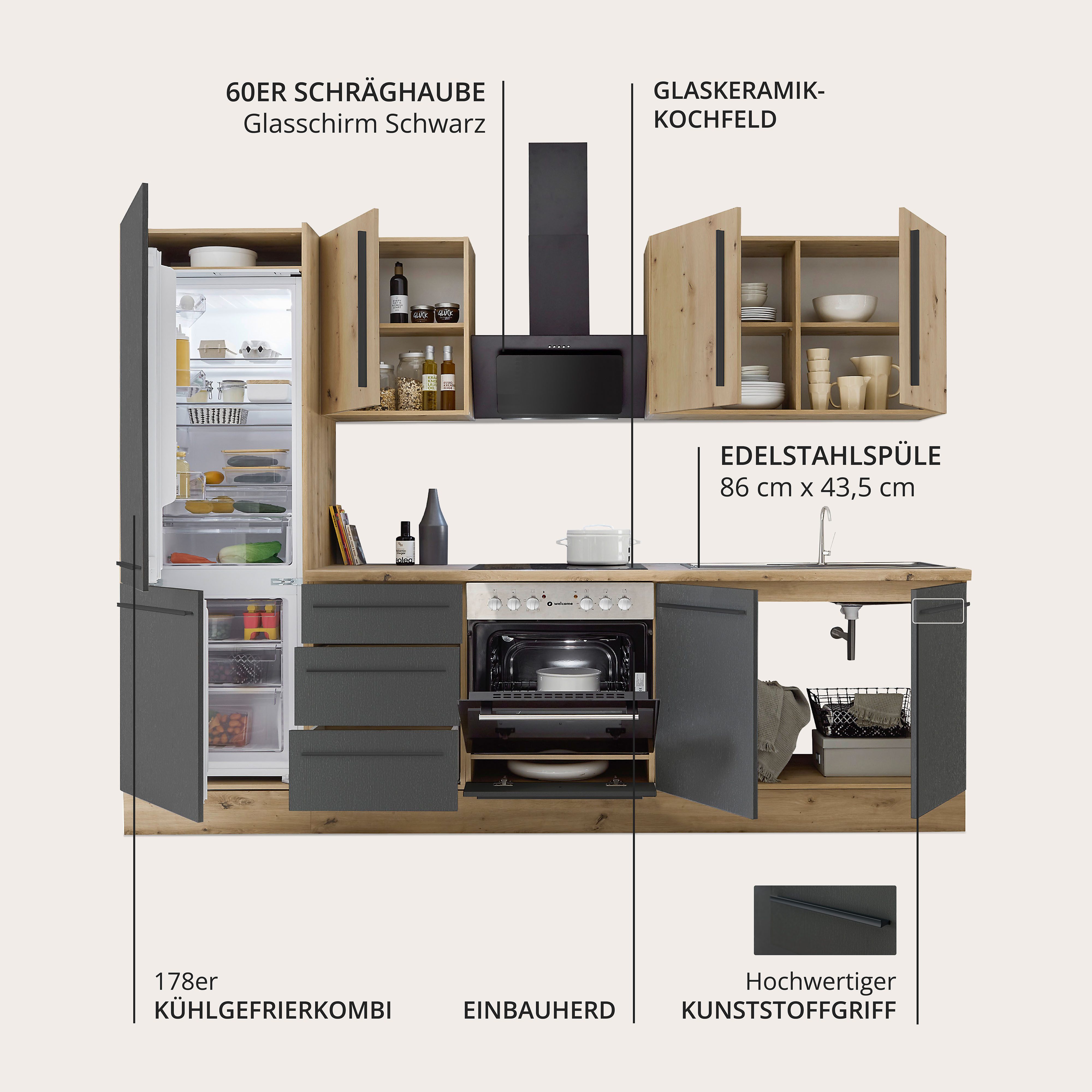 KOCHSTATION Küchenzeile KS-Florida mit 38mm starker Arbeitsplatte, Breite 270 cm, wahlweise mit E-Geräten, Soft-Close-Funktion – Bild 4 von 5