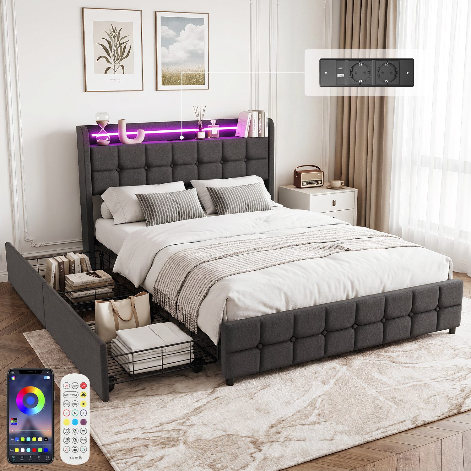 oyajia Polsterbett LED Doppelbett 140x200cm mit 2 Schubladen und Ladefunktion Polsterbett (Einzelbett Bettgestell mit Kopfteil und Lattenrost, Leinen Polsterbett), Modernes Jugendbett, Leises Design Bett, Max. Belastbarkeit 350 kg