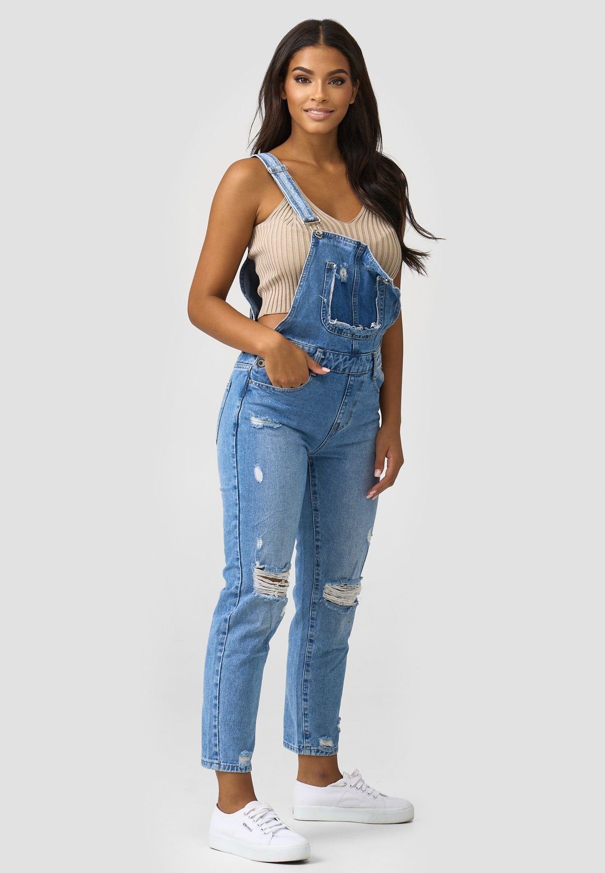 HELLO MISS Latzjeans »3869« (bequem, 1-tlg., Öse) Damen MOM Latz Jeans Hose  mit Träger Destroyed Denim Latzhose Overall online kaufen | OTTO