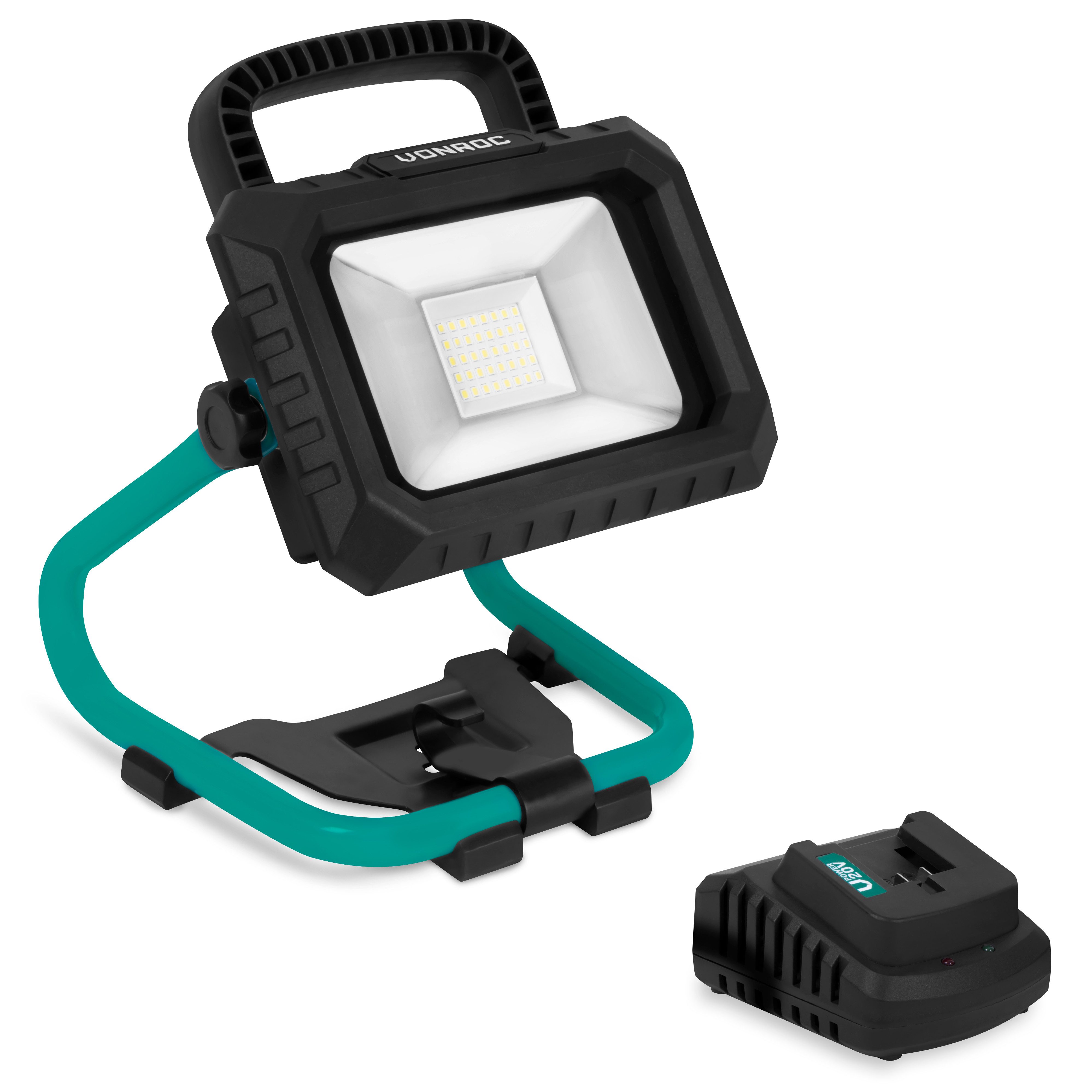 VONROC Baustrahler Akku Bauleuchte 20V - LED - 20W - 2 Positionen: 900/1800 Lumen -, kippbar - Weitstrahlwinkel - Ohne Batterie und Ladegerät
