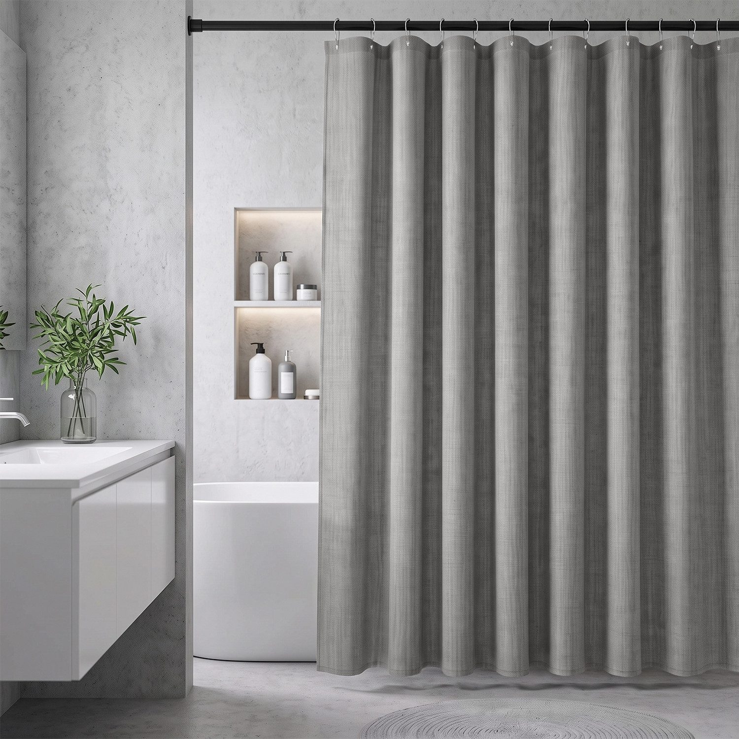 Sekey Duschvorhang Textil Duschvorhang Wannenvorhang Waschbar wasserabweisend mit Ringe Breite 180 cm (Packung, inkl. 12 Ringe), Badewannenvorh, 100% Polyester, Leinenoptik 180x200cm Frostgrau