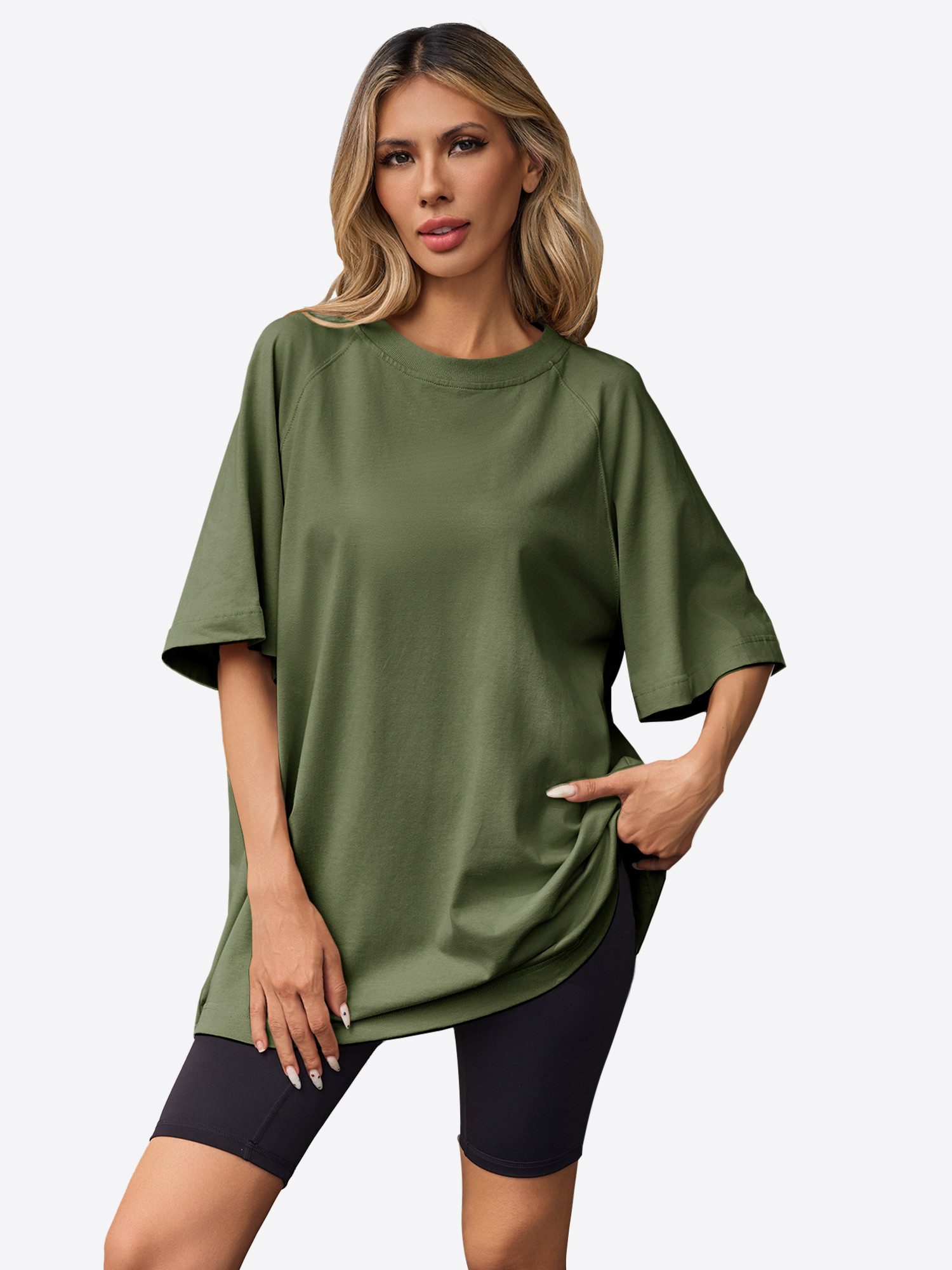 Imily Bela T-Shirt Damen Lockeres Raglanärmel mit Seitenschlitzen und Rundhalsausschnitt (Packung, 1-tlg., 1per-Pack) Halbarm in Unifarbe