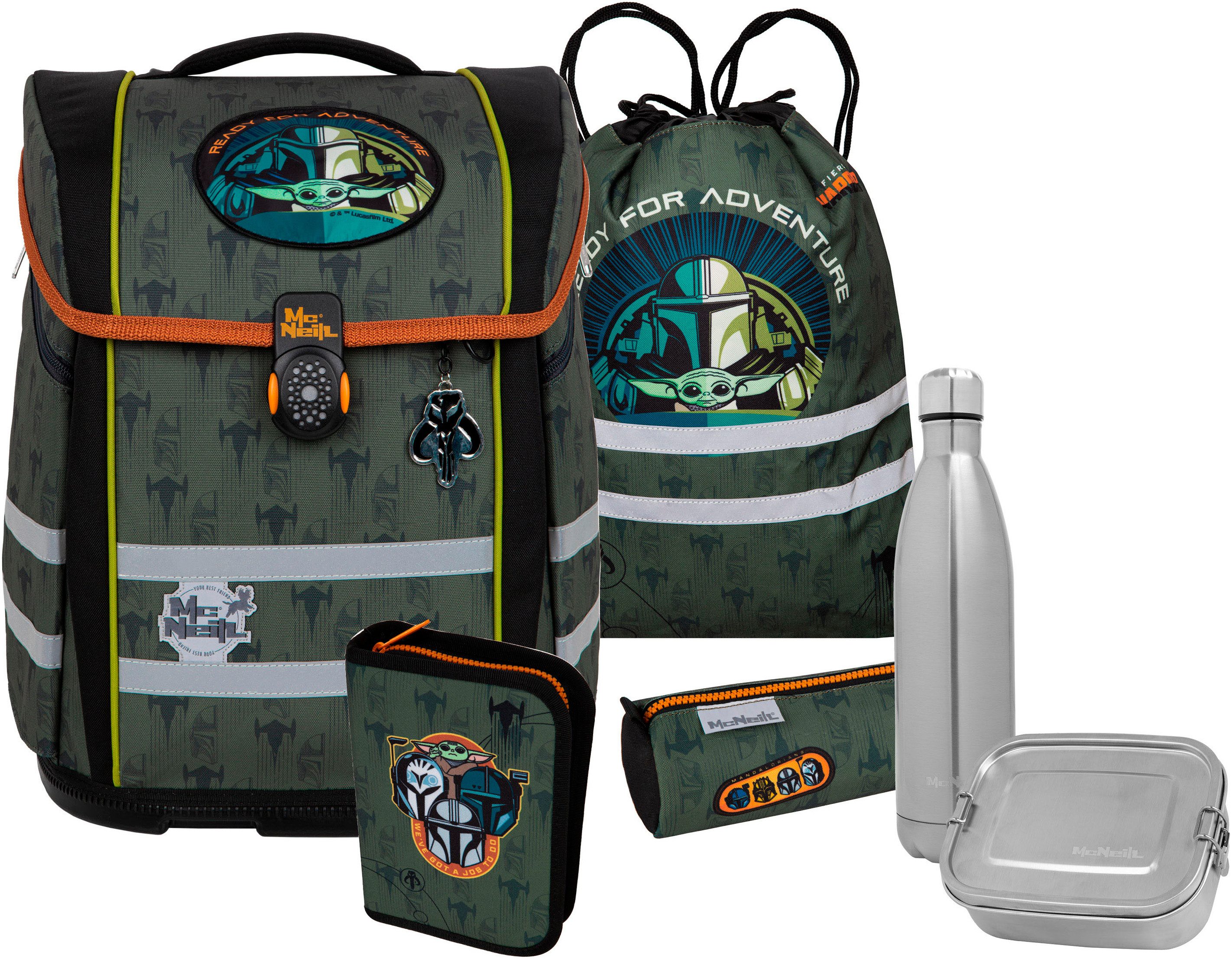 McNeill Schulranzen Perfecto, Star Wars, Mandalorian (Set, 5-tlg), inkl. Federmäppchen, Turnbeutel, Schlamperrolle & Motivmagnet