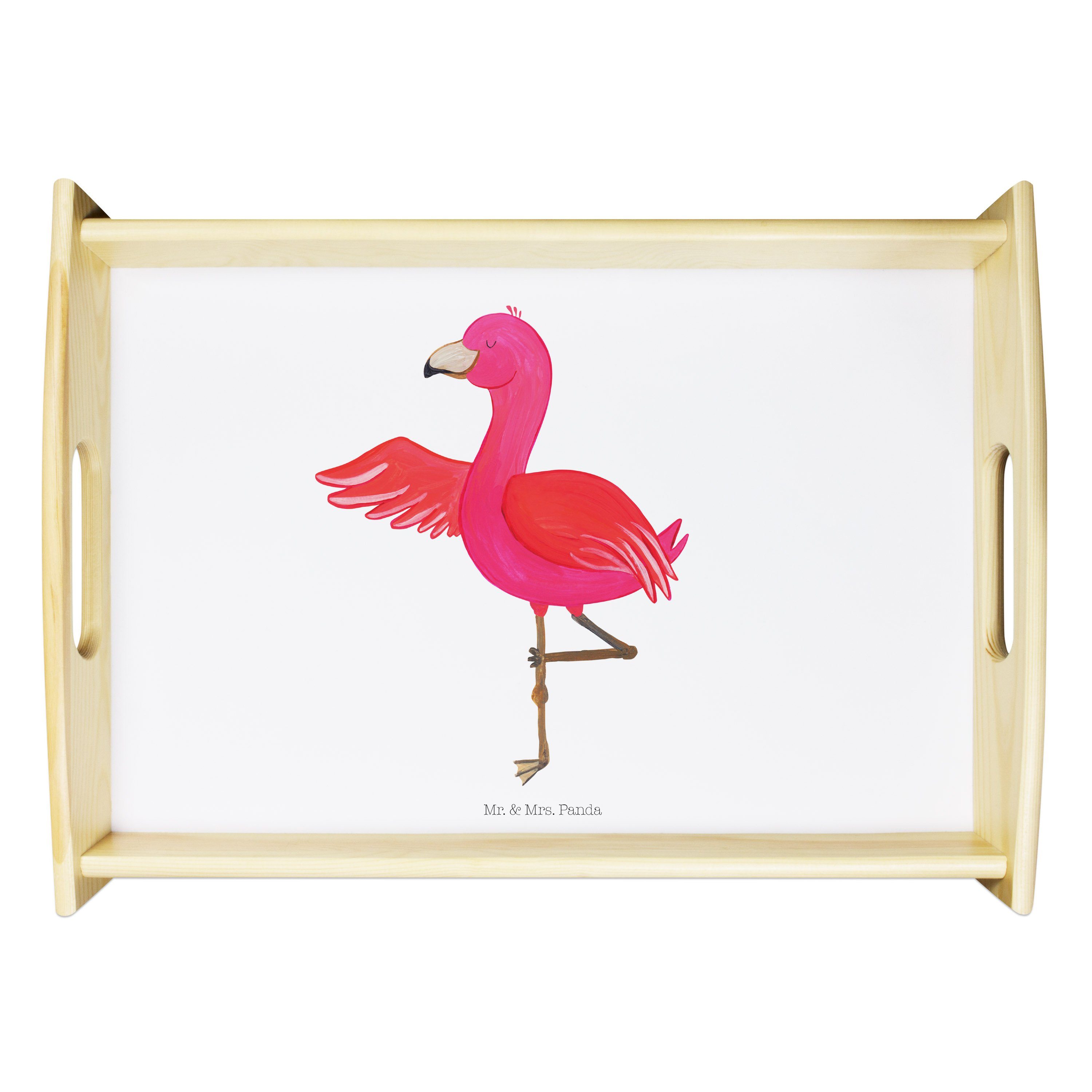 Mr. & Mrs. Panda Tablett Flamingo Yoga - Weiß - Geschenk, Küchentablett, Rosa, Dekotablett, En, Echtholz lasiert, (1-tlg) | Tabletts