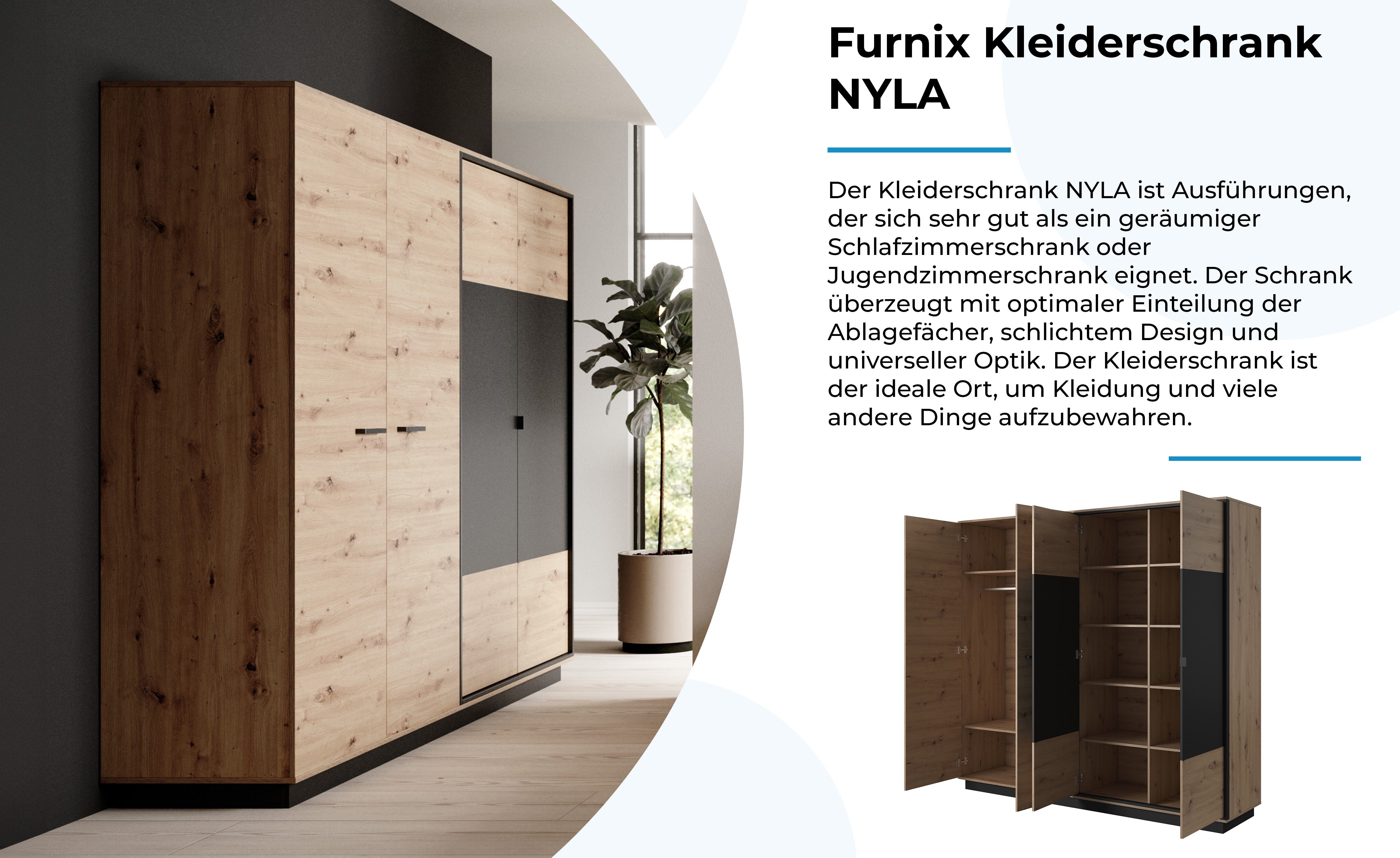 Furnix Kleiderschrank 12 Anthrazit Artistan-Eiche x in Kleiderstange, Made H210,4 cm T60 NYLA x Fächer, LED ohne Schrank B220 4-türiger Europe