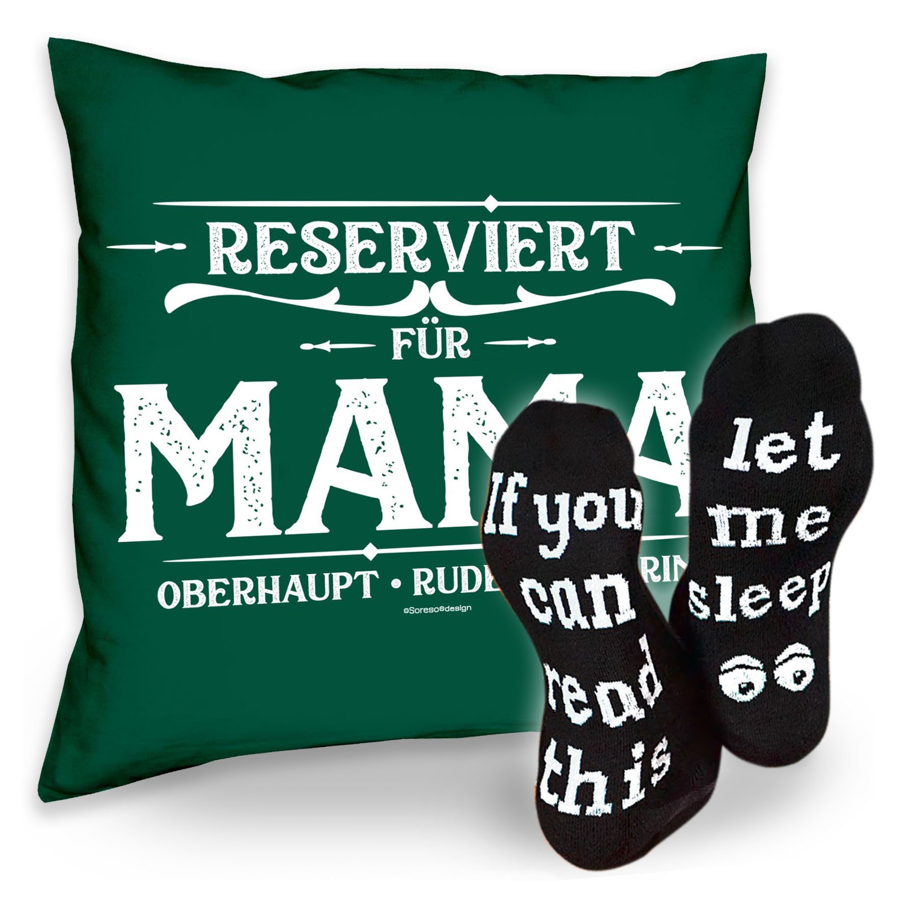 Soreso® Dekokissen Kissen Reserviert Sleep, dunkelgrün Socken Mama Sprüche Geburstag Geschenk Muttertag & Weihnachten für